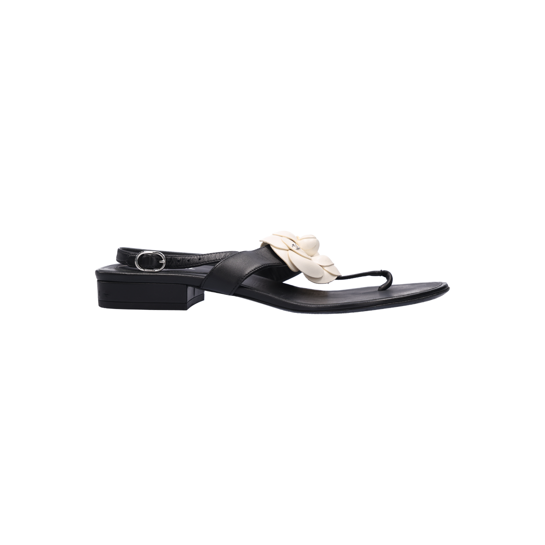 ITUST2SKPF3I Chanel G37117 Camellia Strap Sandals, Leather, Black, Size 38.5