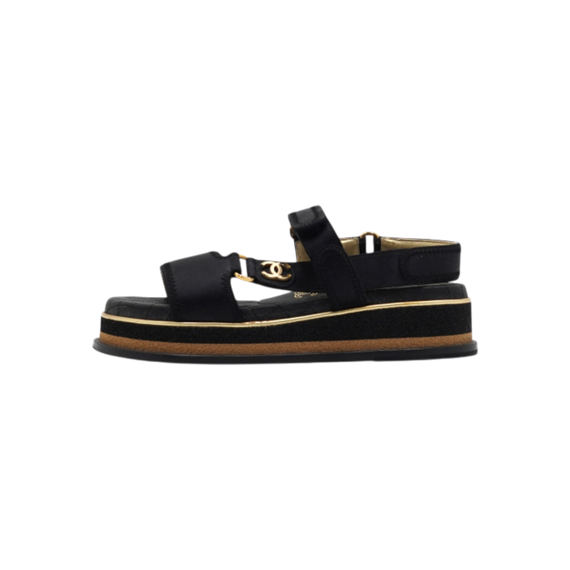 ITM76NMHKPBK Chanel G32676 CC Gold Platform Black Satin Velcro Sandals