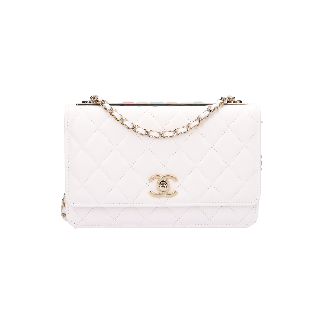 ITHTGSVURASB Chanel A80982 Trendy CC Chain Wallet in White Multi-Color Lambskin with Gold Hardware