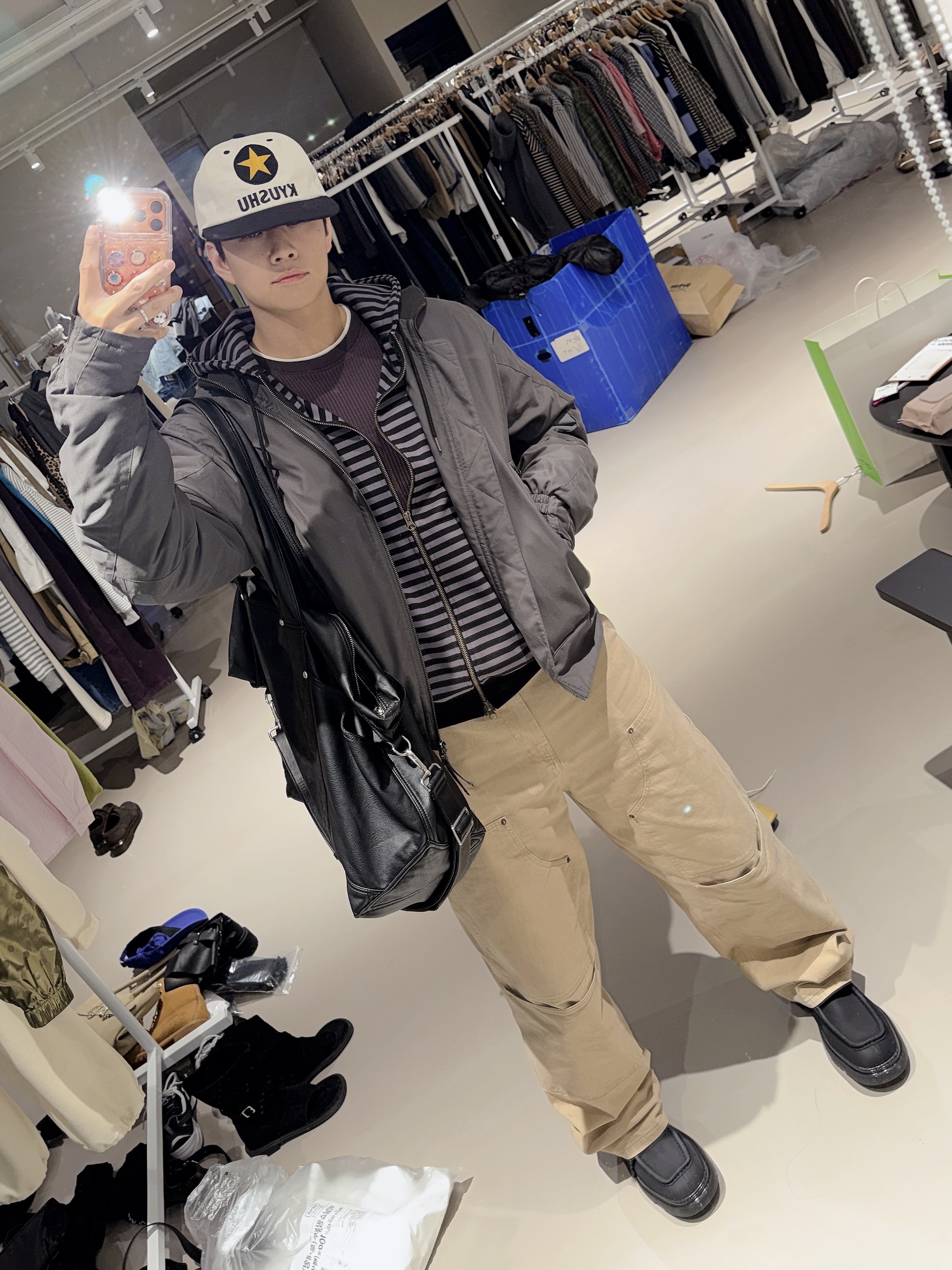 Aoiro KYUSHU Star ビール Cap, Sansan Gear Bomber Jacket Khaki 착용 스타일 - 1