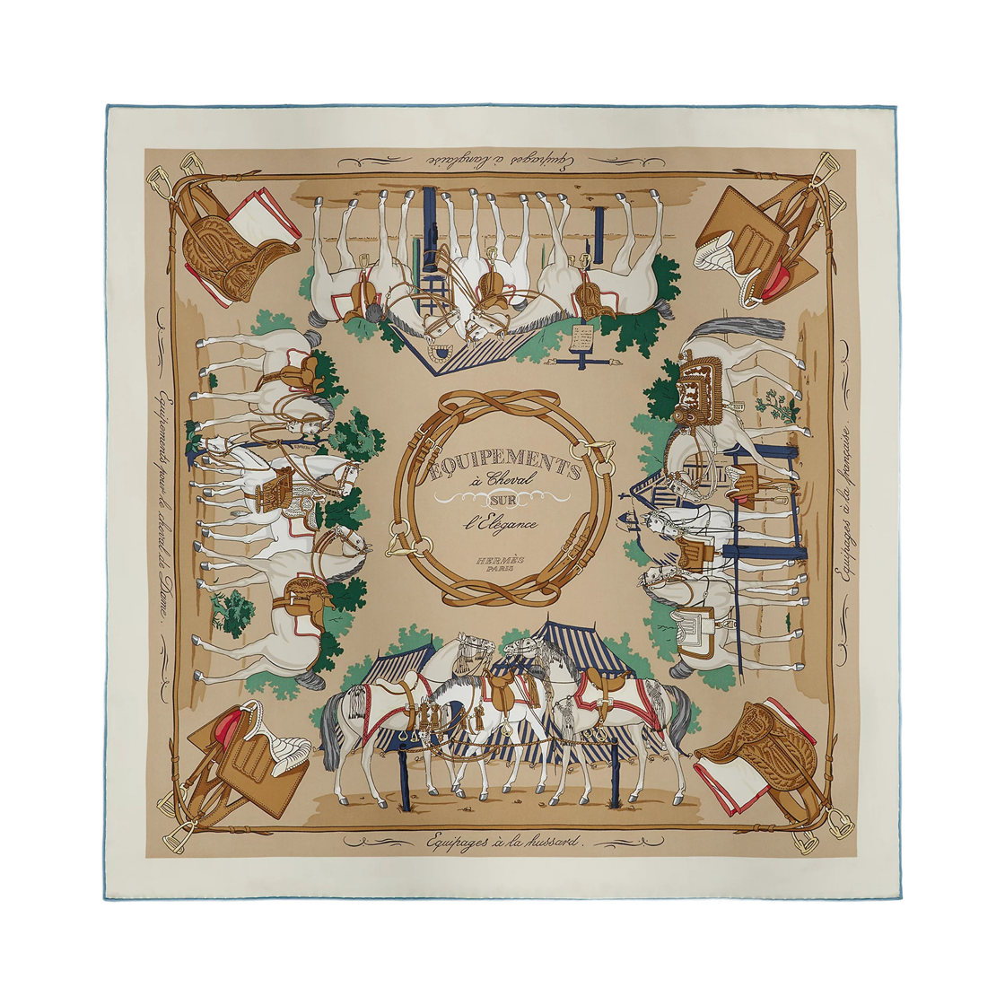 H984349S01 (W) Hermes Equipements A Cheval Sur l'Elegance Scarf 70 Silk & Beige Dore Creme Vert
