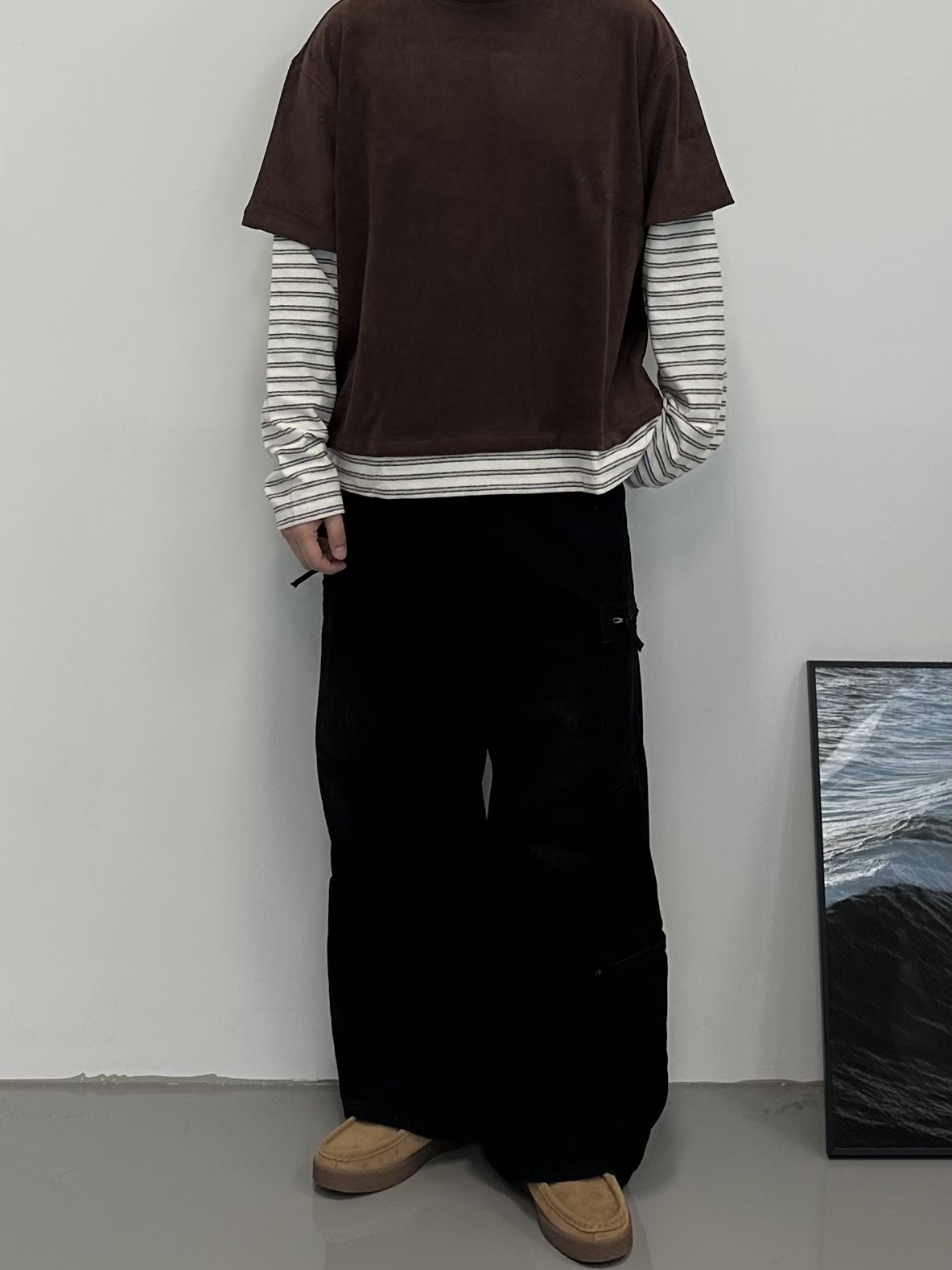 Nonnod Terry Layered T-shirts Brown 착용 스타일 - 3