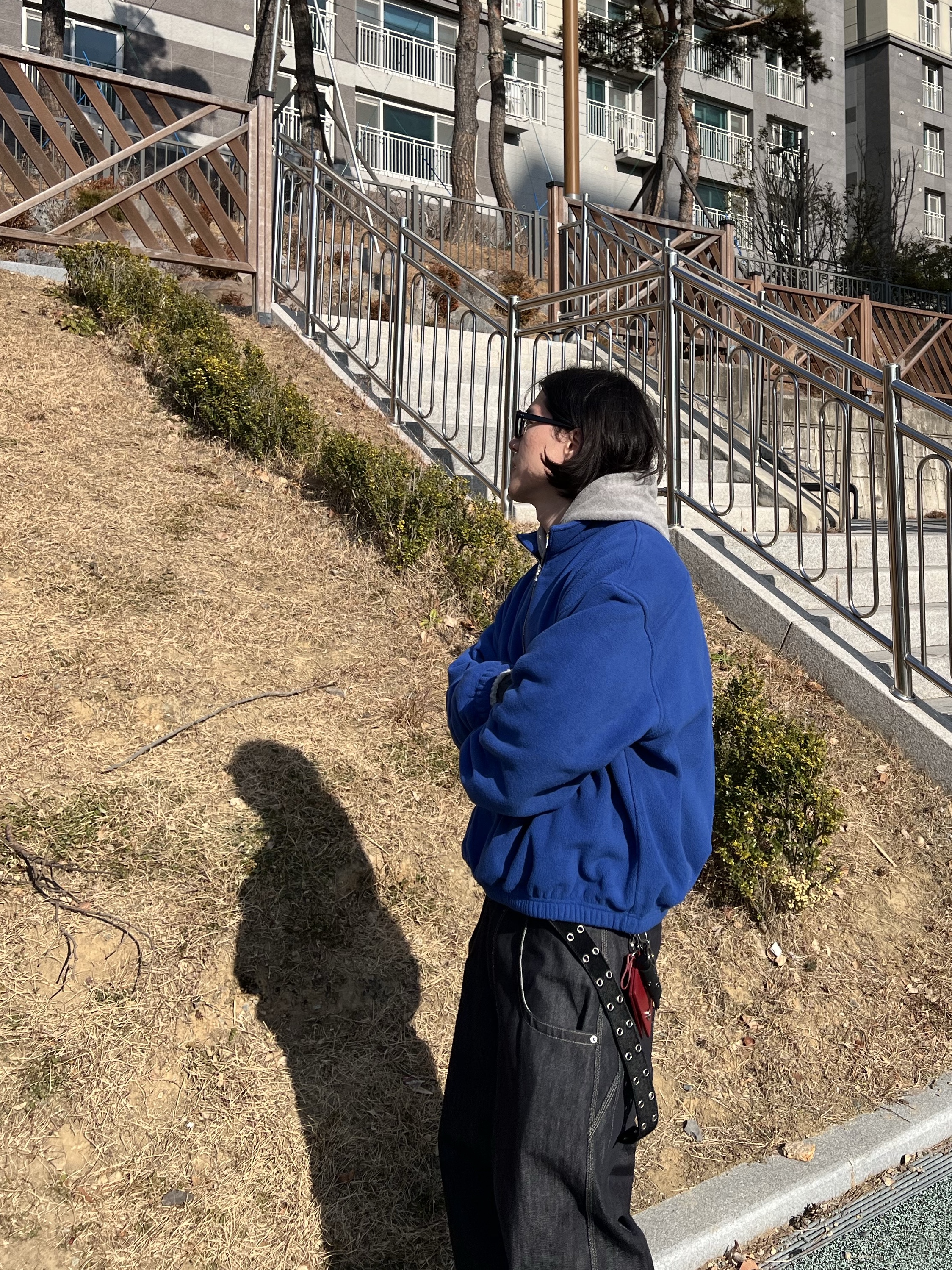 Project G/R Retro Baggy Denim Pants Dark Navy, Nonnod Half Zip Fleece Blue 착용 스타일 - 2
