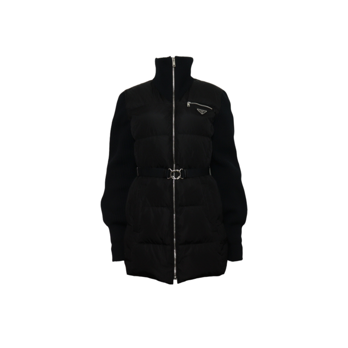 ITUCMMIOB3N2 Prada 291531 Black Triangle Logo High-Neck Wool Blend Women's Knit Padded Cardigan Jacket