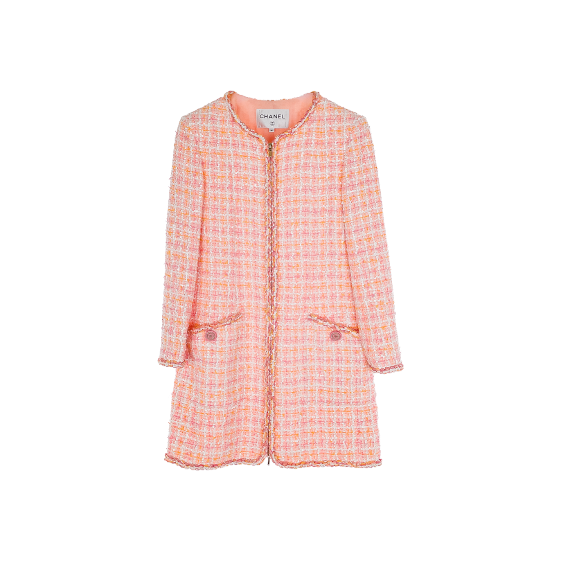 샤넬 19C 글리터 트위드 집업 롱 자켓 36 핑크/멀티컬러(6ET0027)(Chanel 19C Glitter Tweed Zip-Up Long Jacket 36 Pink/Multi-Color (6ET0027))