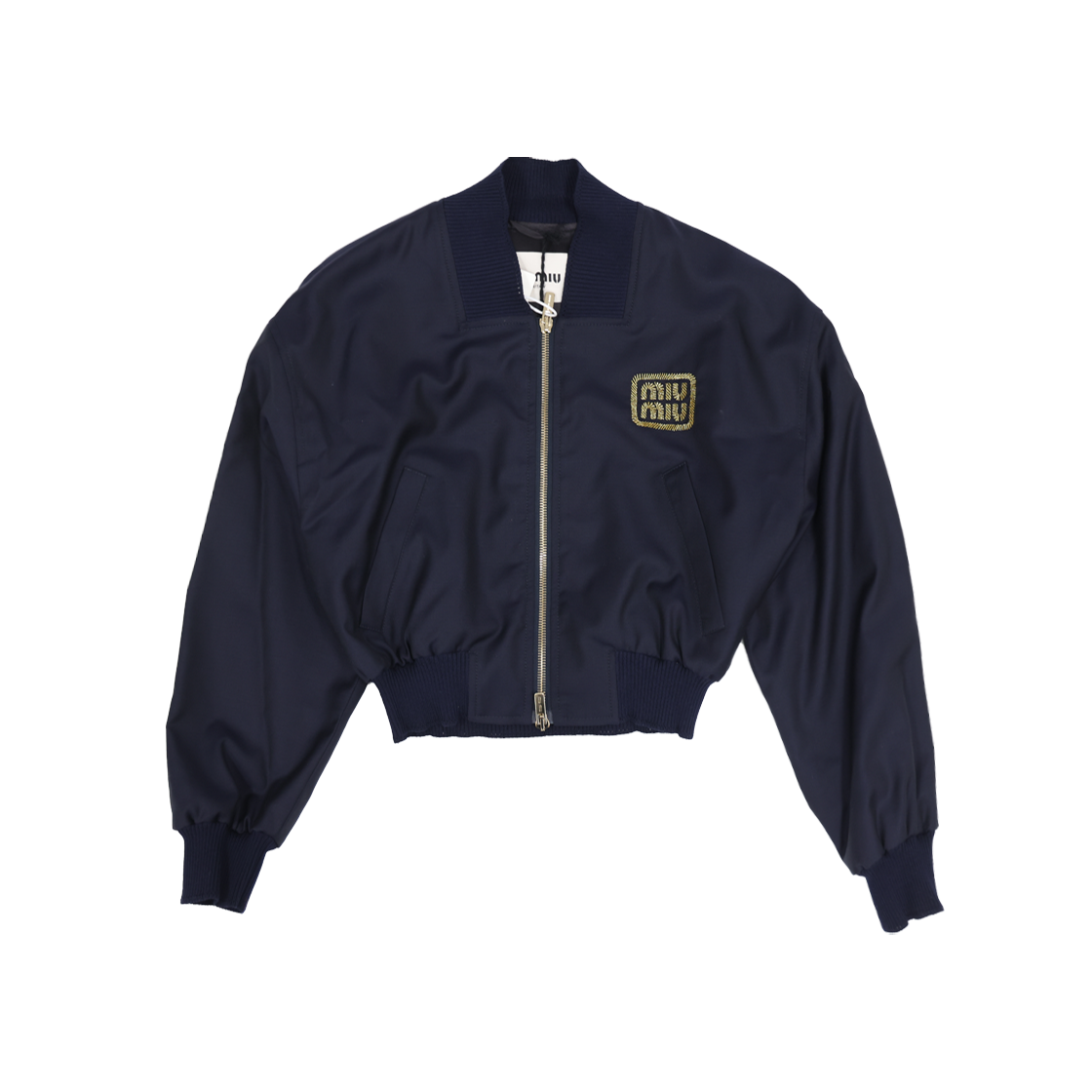 ITJ26D4EQMUA Miu Miu ML936 Cropped Batavia Bomber Varsity Jacket - Wool Navy