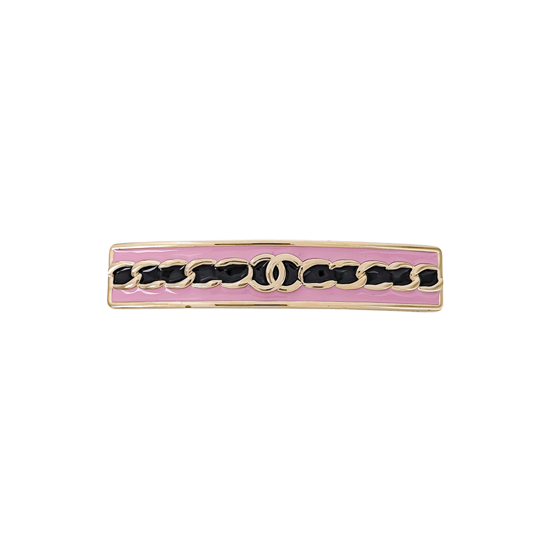 샤넬 24A 체인 CC로고 헤어핀 핑크/블랙 샴페인골드(5ET2227)(Chanel 24A Chain CC Logo Hairpin in Pink/Black Champagne Gold (5ET2227)) - 1