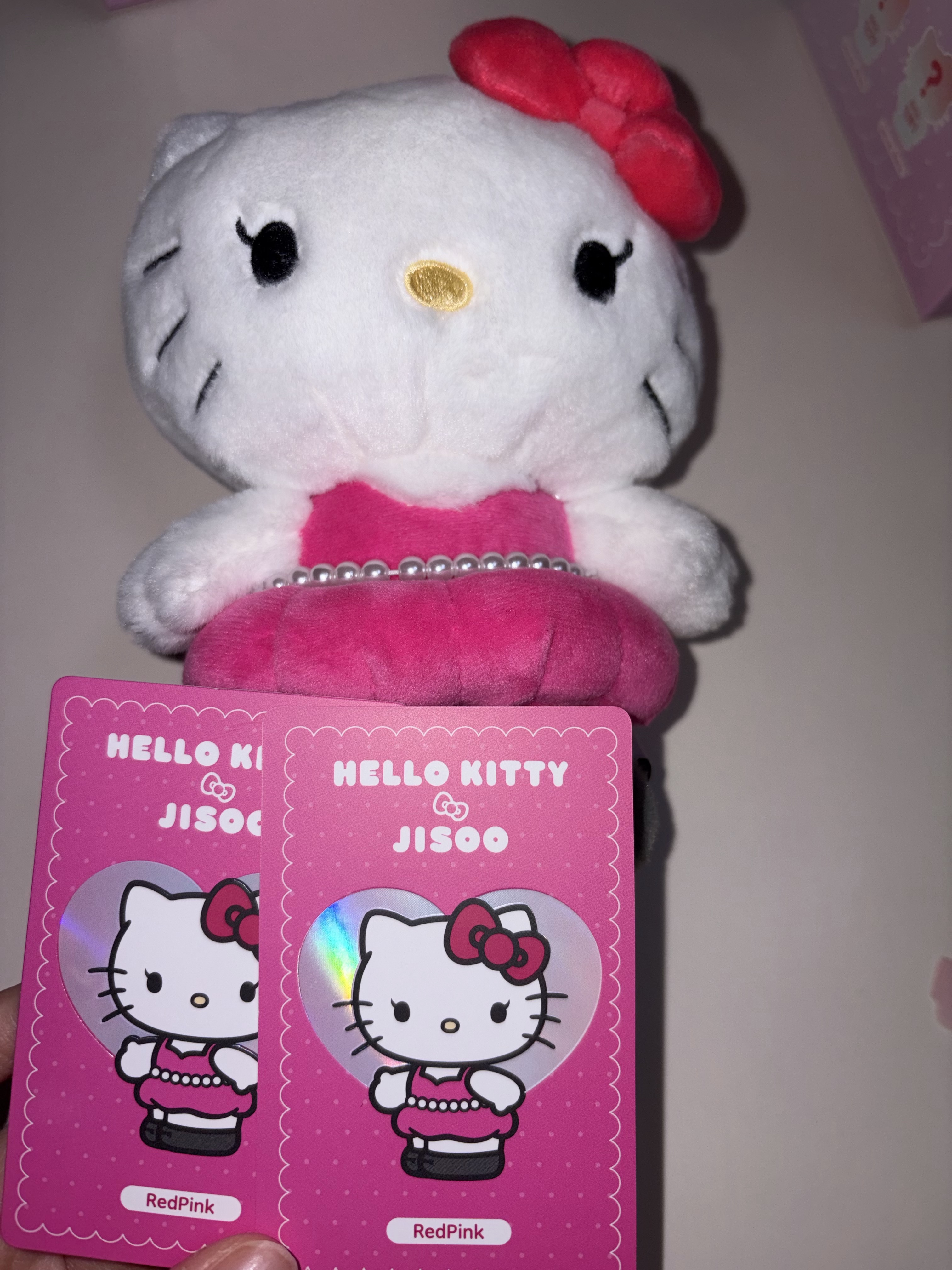 HELLO KITTY x JISOO Plush Keychain Red Pink (Opened Case) 착용 스타일