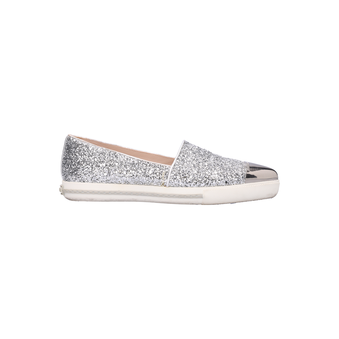 미우미우 슬립온 스니커즈 실버 글리터 38(Miu Miu Silver Glitter Slip-On Sneakers Size 38)