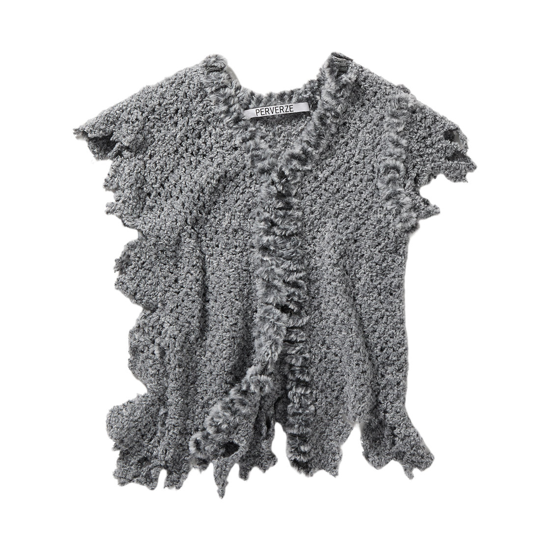 (W) 퍼버즈 플러피 트림 메쉬 니트 가디건 그레이((W) Perverze Fluffy Trim Mesh Knit Cardigan Gray)