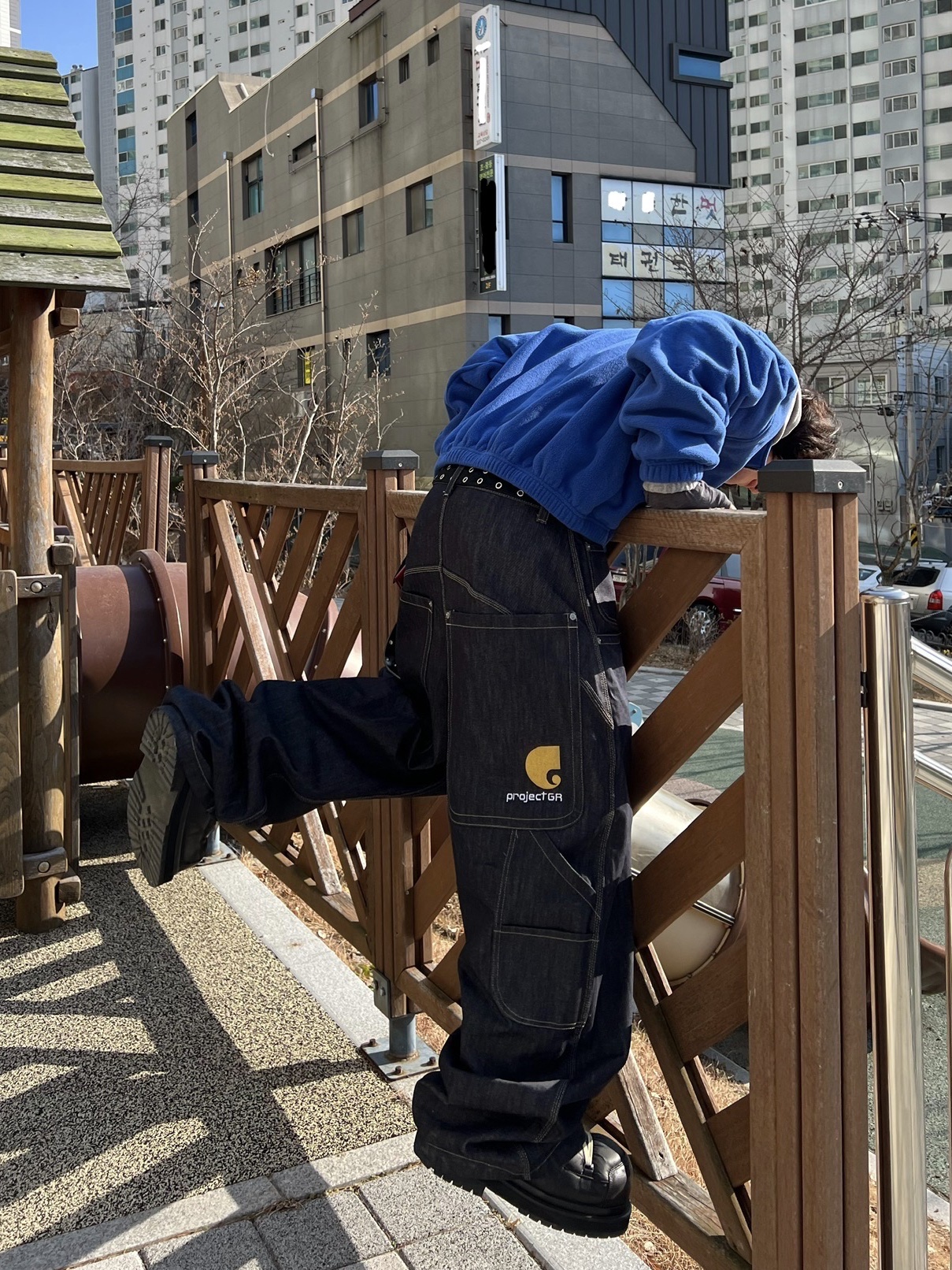 Project G/R Retro Baggy Denim Pants Dark Navy, Nonnod Half Zip Fleece Blue 착용 스타일 - 1