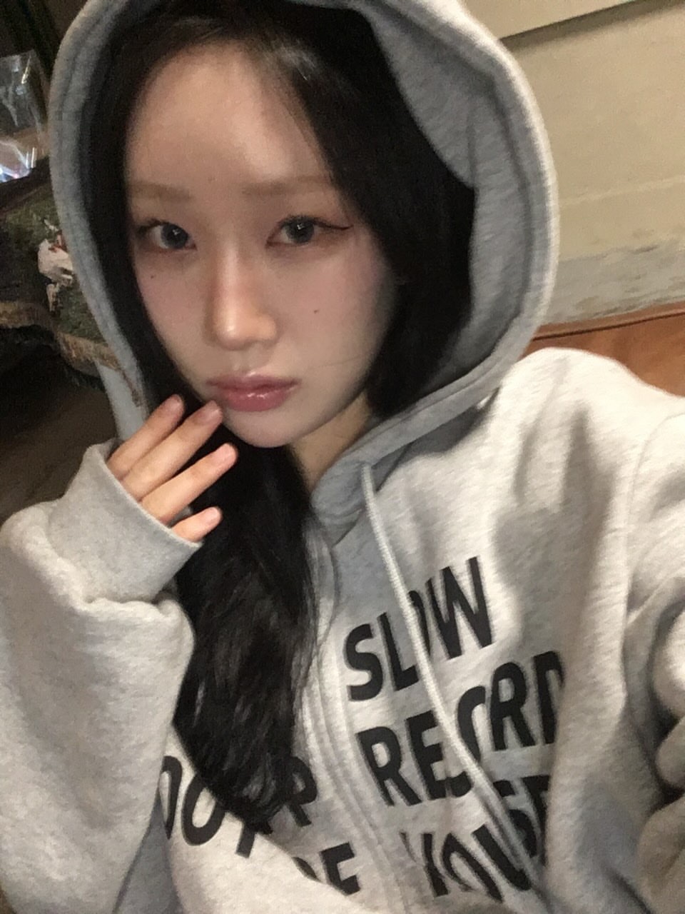 SLOW RECORD HOUSE Typo Star Hood Zip-Up Grey 착용 스타일 - 3