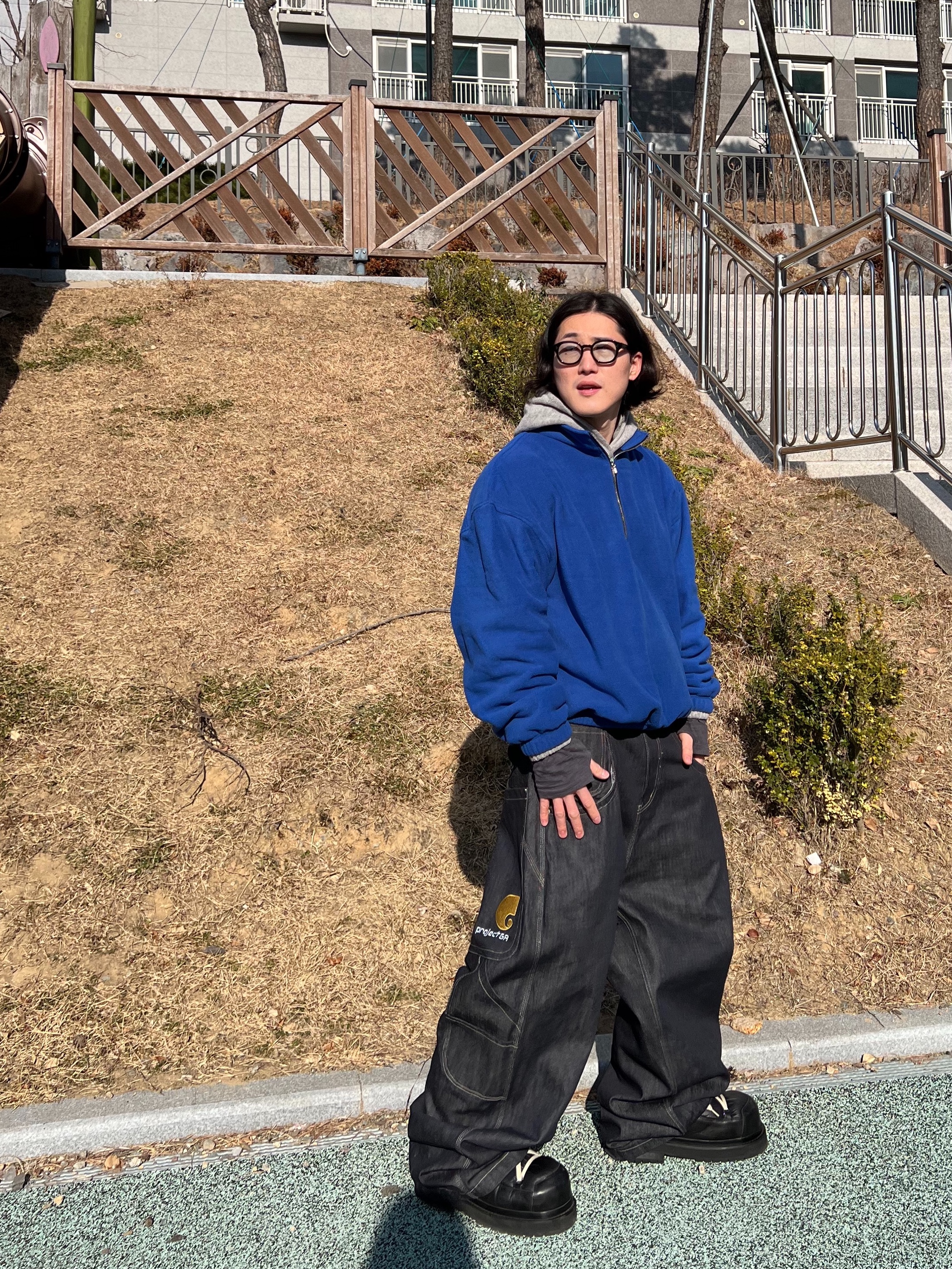 Project G/R Retro Baggy Denim Pants Dark Navy, Nonnod Half Zip Fleece Blue 착용 스타일 - 4