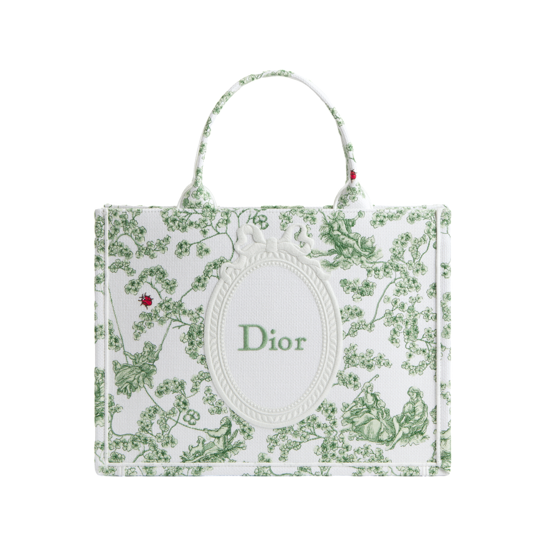 M1354PEHR-M28I Dior Book Tote Medium With Strap Toile De Jouy Clover Embroidery & Dior Medaillon Green Multicolor White