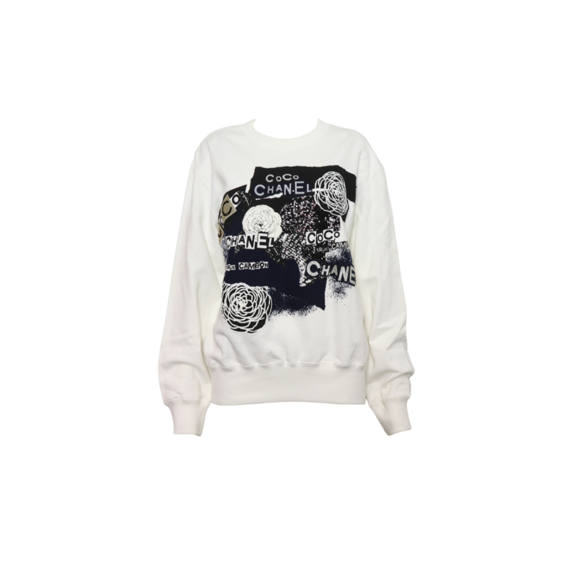 ITU7E7V96B84 Chanel White Graphic Logo Women's Crewneck Sweatshirt