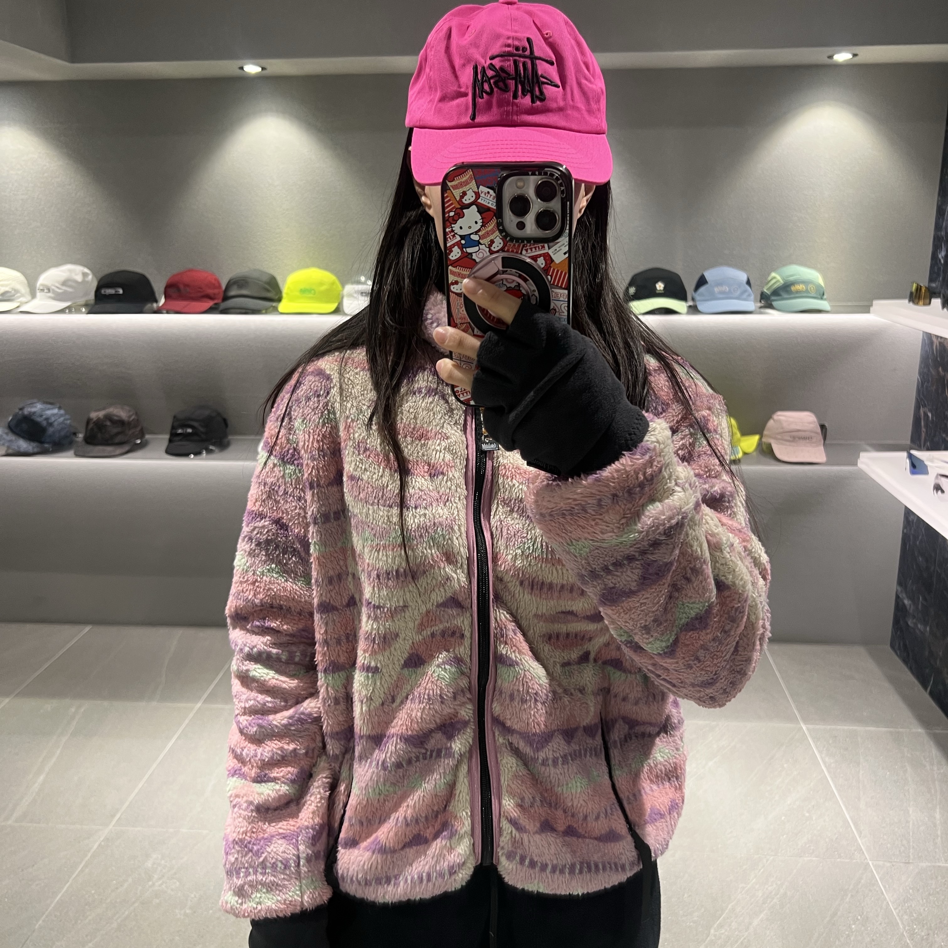 Kapital Ashland Stripe & Bone Fleece Zip Blouson Pink 착용 스타일