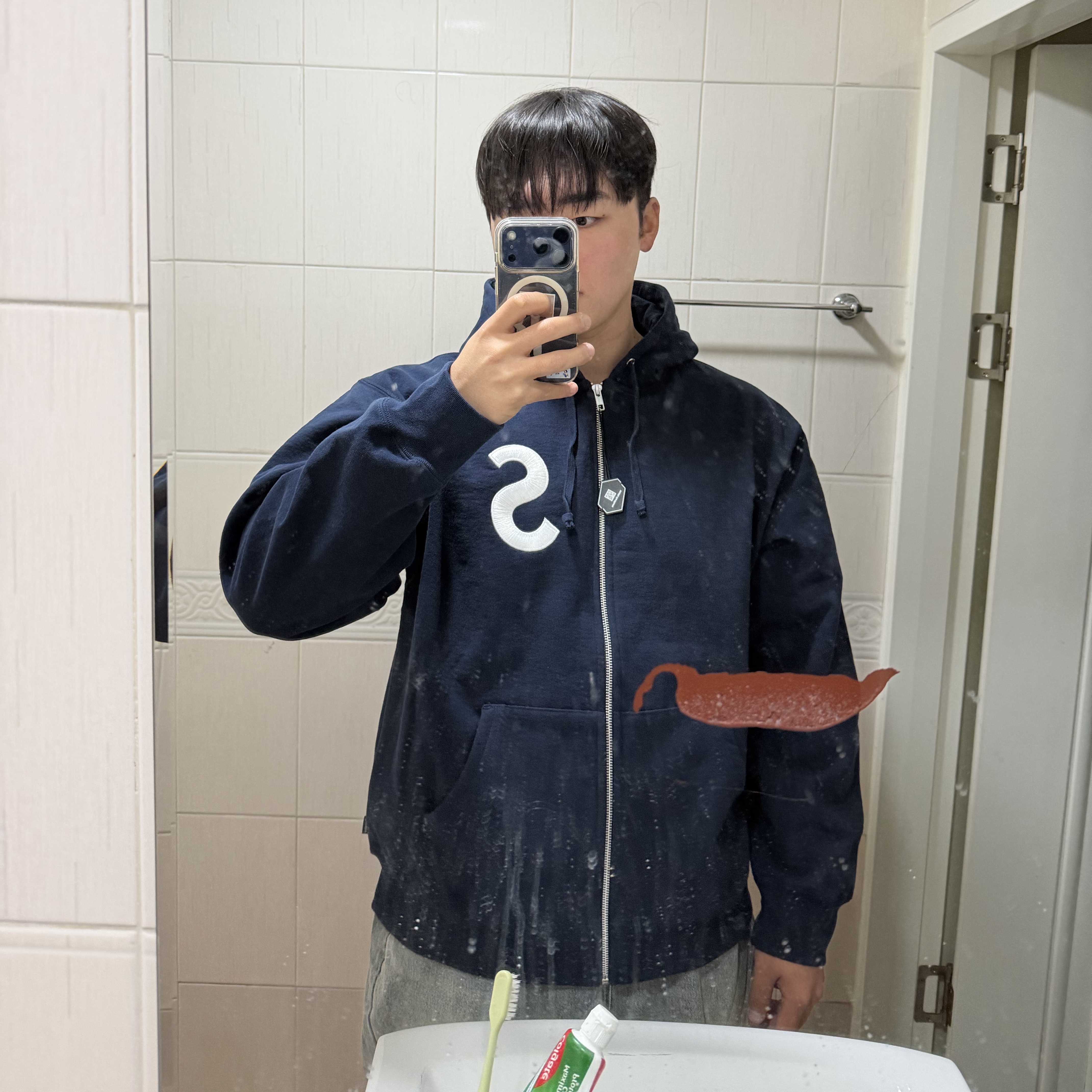 Supreme S Logo Zip Up Hooded Sweatshirt Navy - 24FW 착용 스타일
