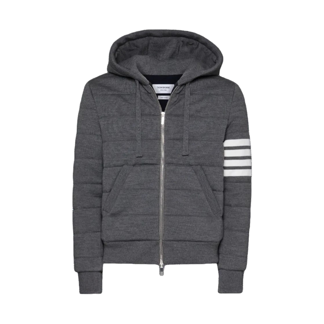 MKJ126A Y1046 035 24F [15% 쿠폰] Thom Browne Merino Wool Jersey Stitch Padded 4-Bar Zip Up Hoodie Medium Grey
