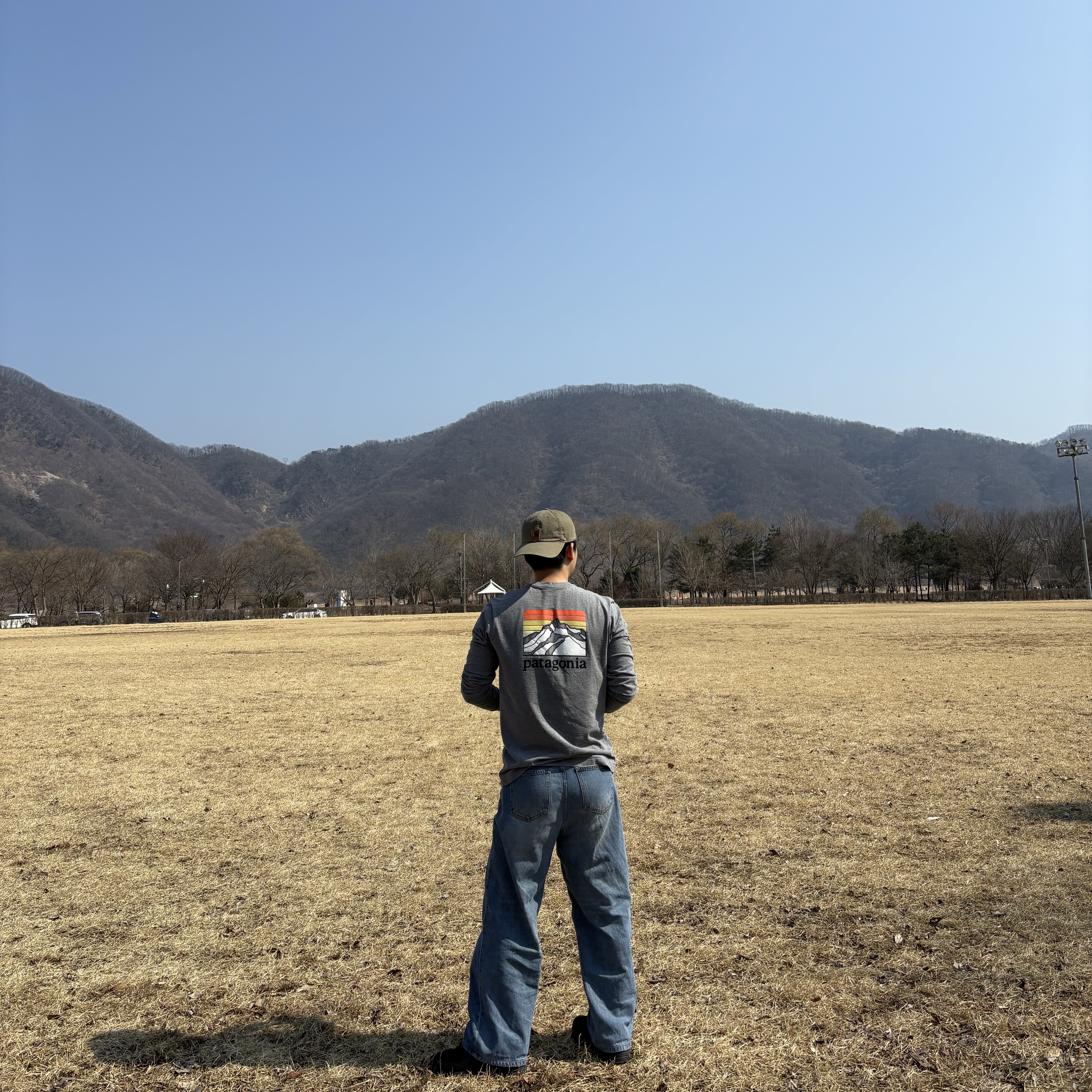 Patagonia Line Logo Ridge Responsibili-Tee L/S Gravel Heather, Carhartt Canvas Cap Army Green 착용 스타일 - 1