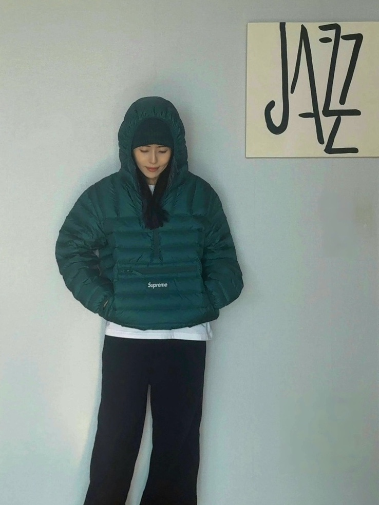 Supreme Micro Down Half Zip Hooded Pullover Dark Green - 25FW, Uniqlo x Needles Fleece Wide Pants Black - KR 착용 스타일 - 1