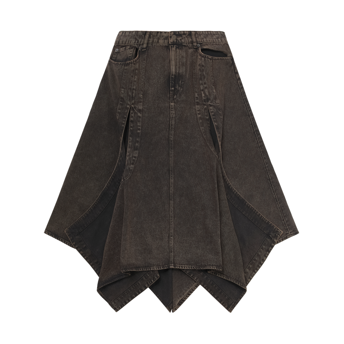(W) 에이치앤엠 x 글렌 마틴스 플레어 데님 스커트 다크 브라운((W) H&M x Glenn Martens Flared Denim Skirt Dark Brown)