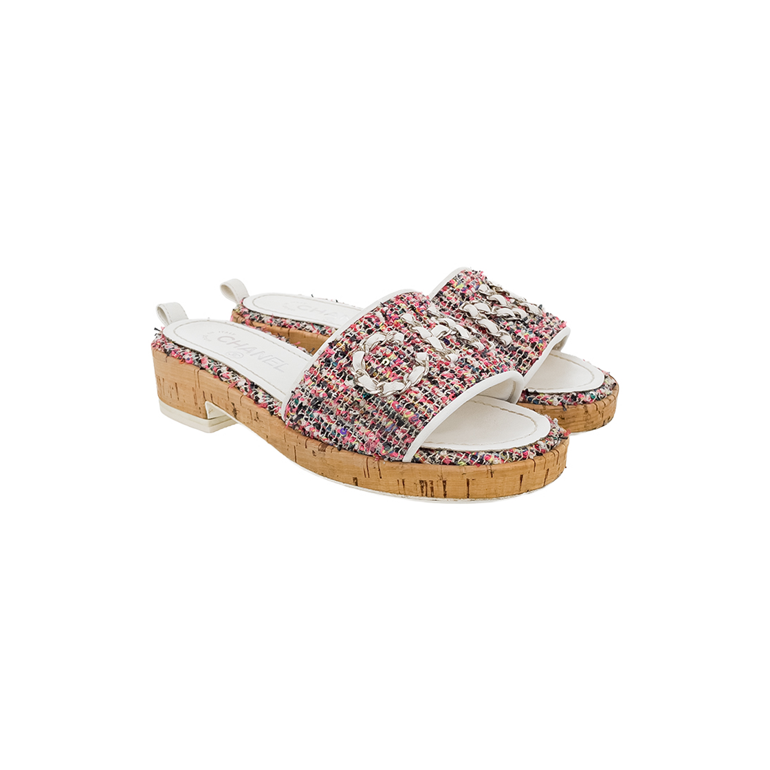 샤넬 19S 체인레터링 슬라이드 뮬 36 핑크/블랙/옐로우/그린(6ET0164)(Chanel 19S Chain Lettering Slide Mules 36 - Pink/Black/Yellow/Green)