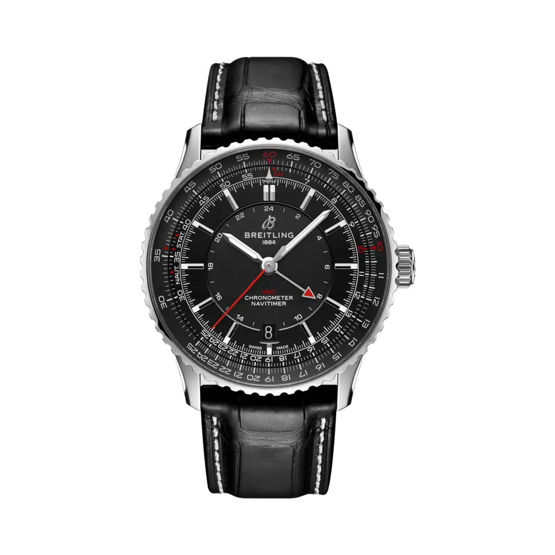 브라이틀링 내비타이머 오토매틱 GMT 41mm 블랙 크로커다일 레더 블랙(Breitling Navitimer Automatic GMT 41mm Black Crocodile Leather Black)