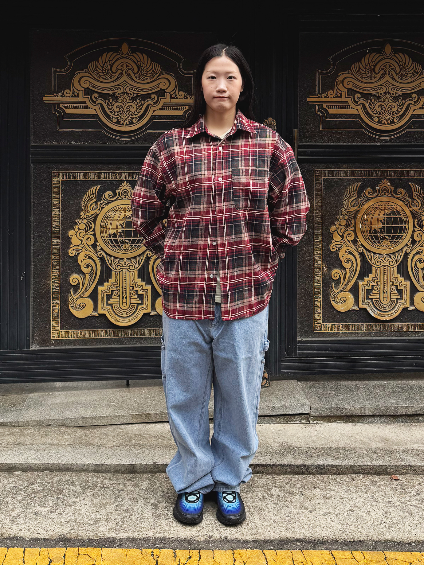 QT8 GARMENTS Rustic Core Flannel Check Shirt Red, QT8 Garments TL Denim Carpenter Pant Blue 착용 스타일 - 2