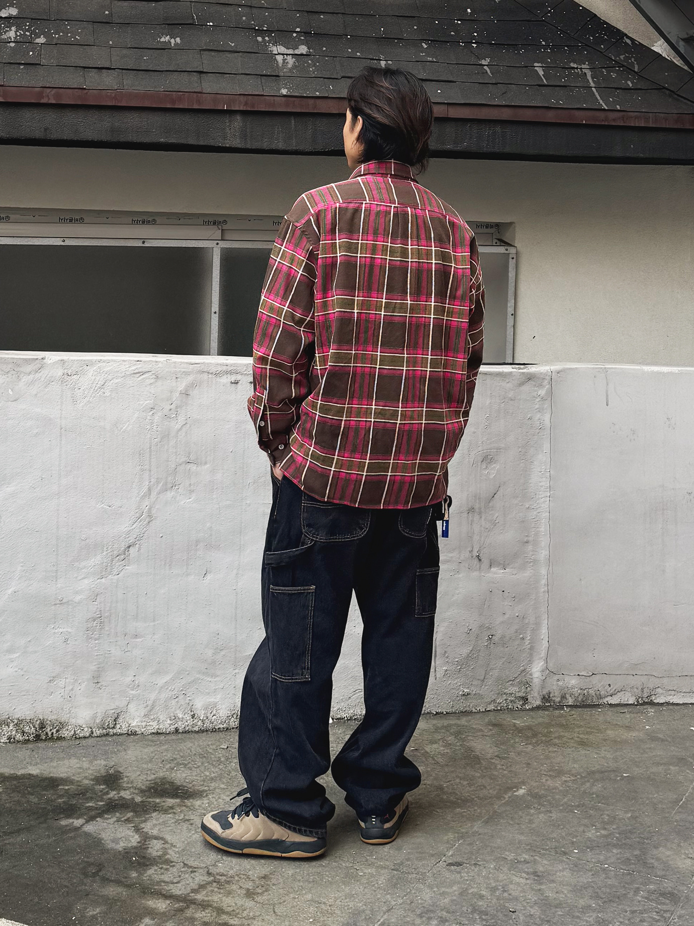 QT8 GARMENTS Rustic Core Flannel Check Shirt Pink, QT8 Garments TL Denim Carpenter Pant Black 착용 스타일 - 3