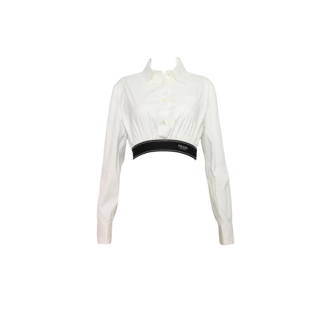 프라다 P446F 화이트 포플린 밴딩 로고 크롭 스트레치 여성 셔츠aa59725(Prada P446F White Poplin Logo Banding Cropped Stretch Shirt)