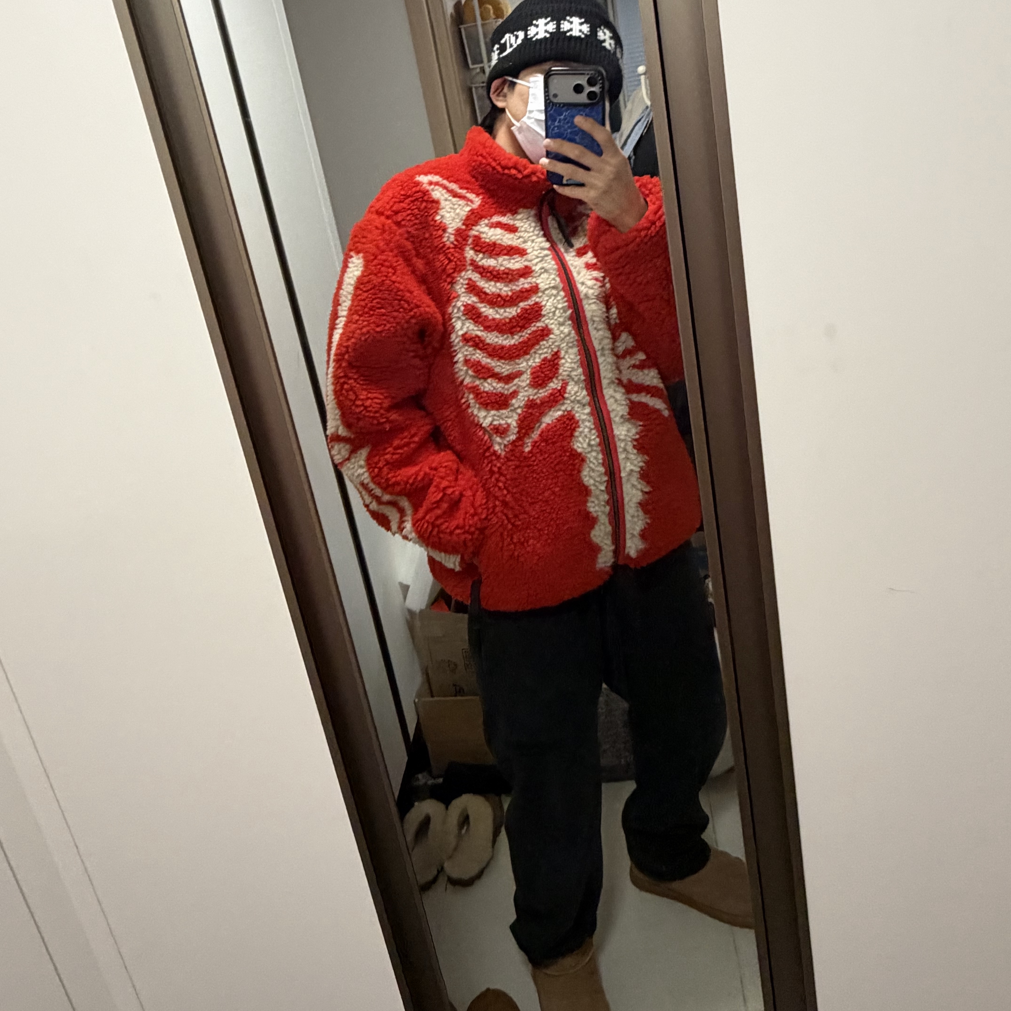 Kapital Bone Pattern Boa Fleece Reversible Blouson Red, Chrome Hearts Big Daddy Cashmere Beanie Black 착용 스타일