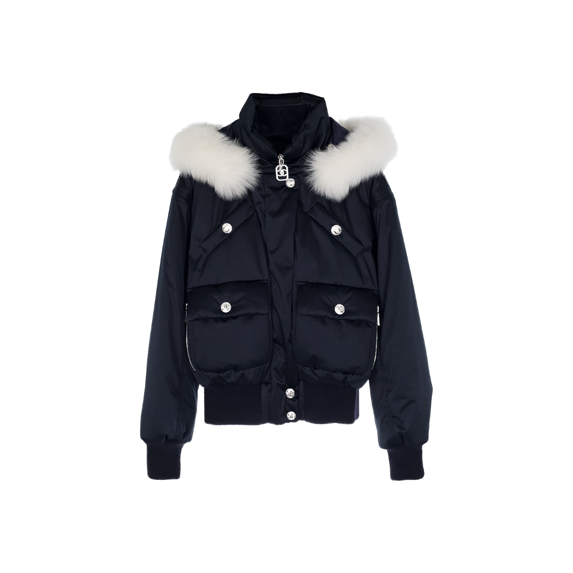 IT853DV3IMAQ Chanel 23N Coco Neige Hooded Fur Bomber Jacket 34 Navy (6ET0270)