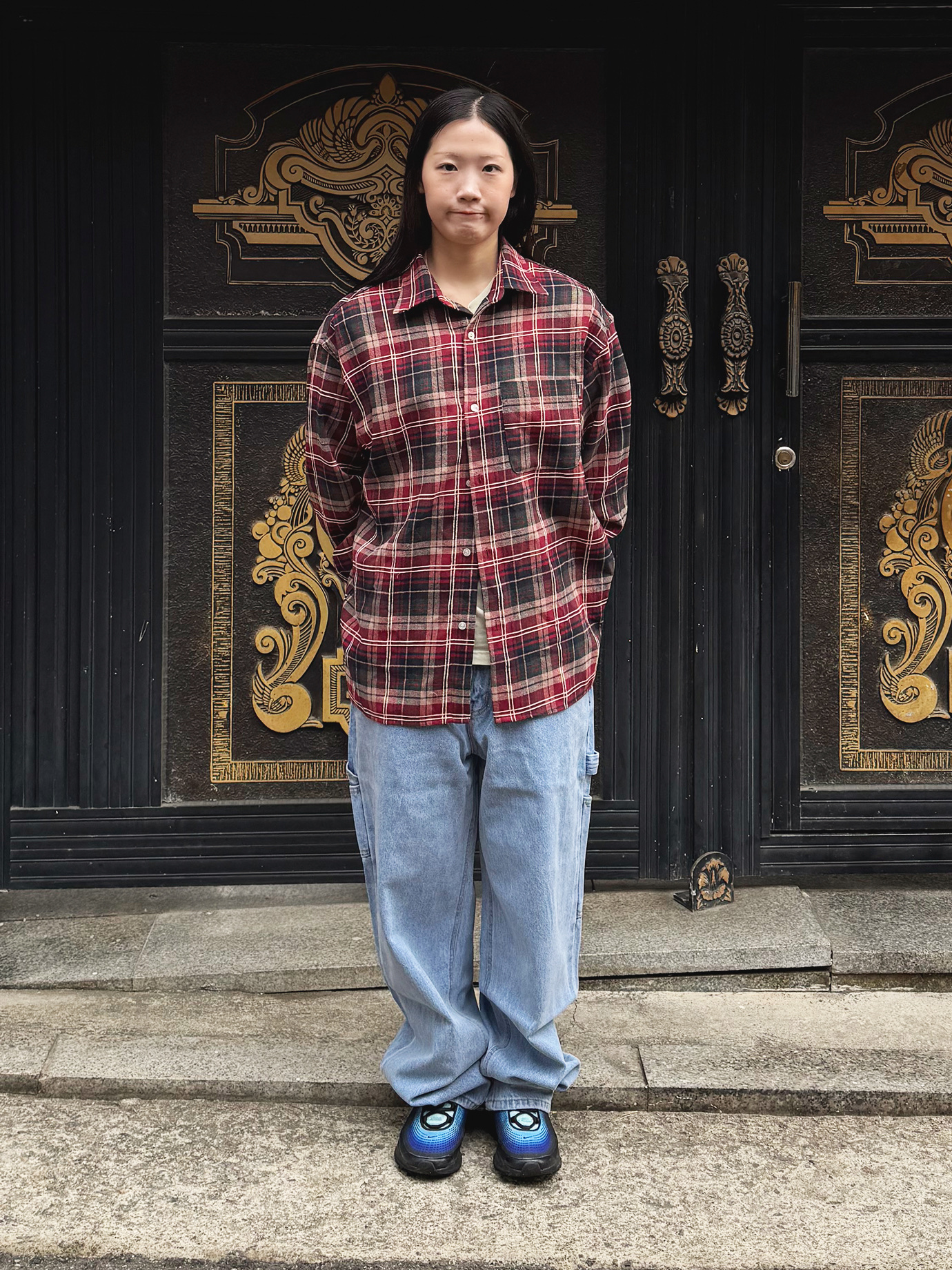 QT8 GARMENTS Rustic Core Flannel Check Shirt Red, QT8 Garments TL Denim Carpenter Pant Blue 착용 스타일 - 1