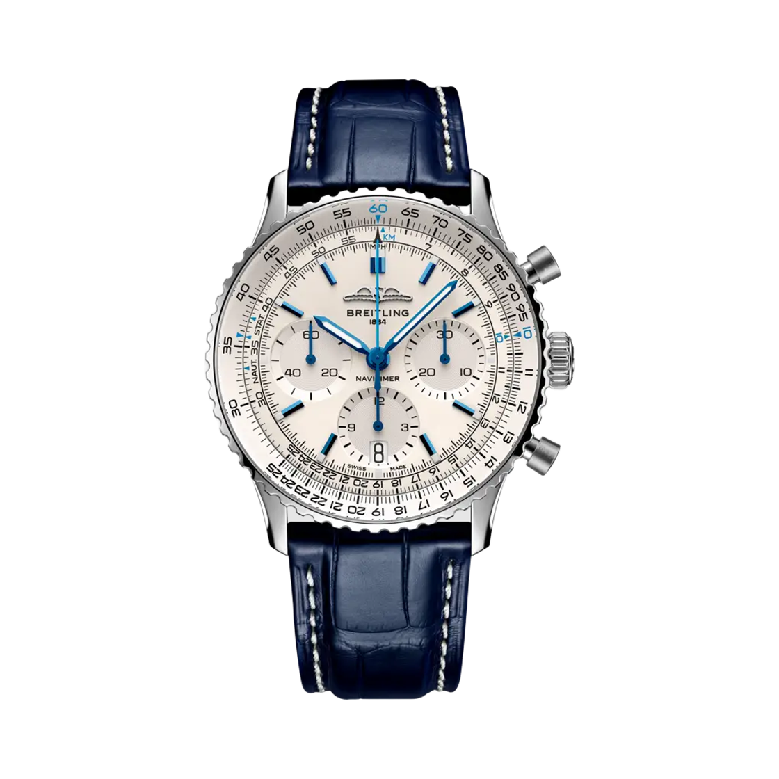 브라이틀링 내비타이머 B01 크로노그래프 메카니컬 41mm 블루 크로커다일 레더 화이트(Breitling Navitimer B01 Chronograph Mechanical 41mm Blue Crocodile Leather White)