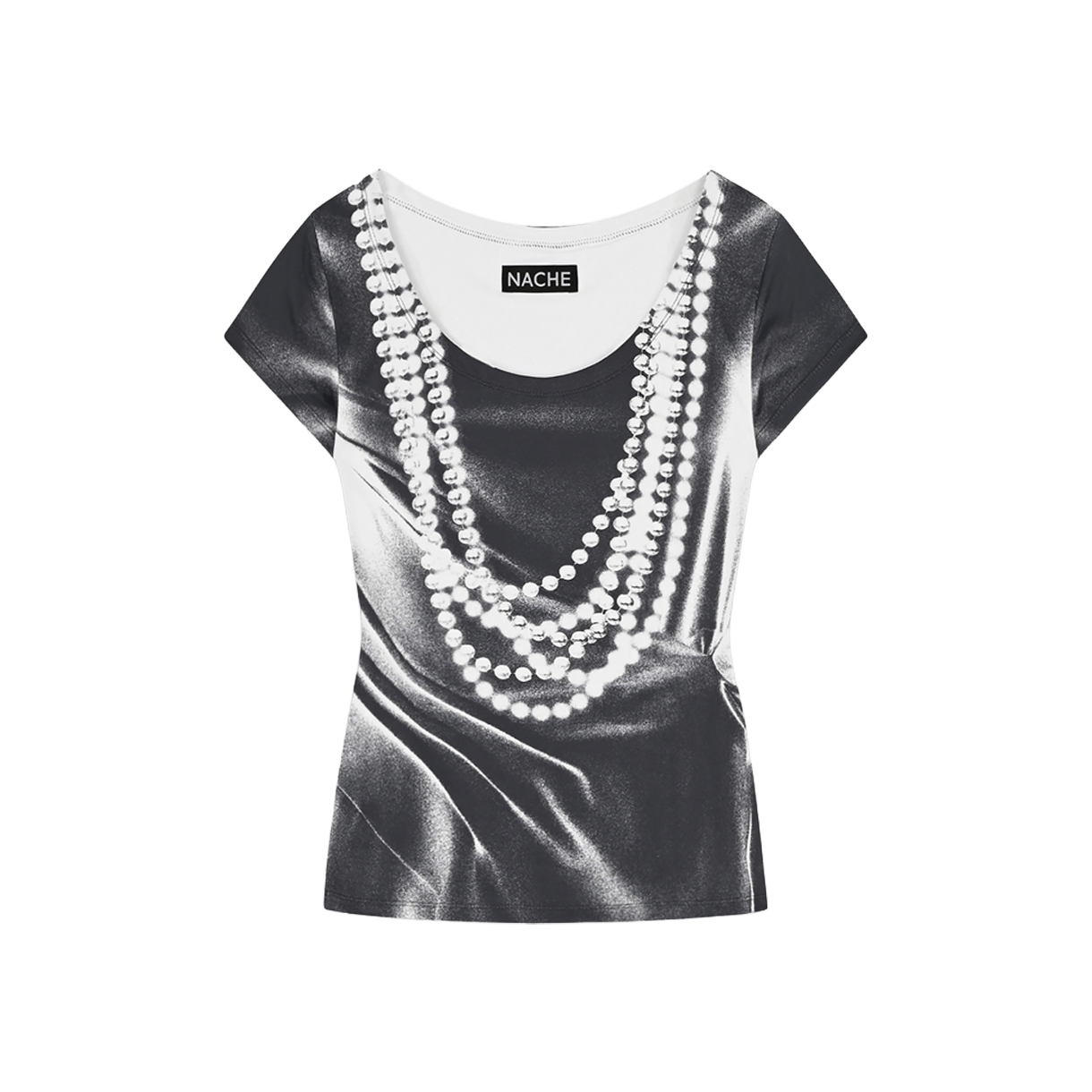 나체 우먼 펄 네클리스 프린티드 티셔츠 블랙 - 26SS(Nache Women Pearl Necklace Printed T-Shirt Black - 26SS)