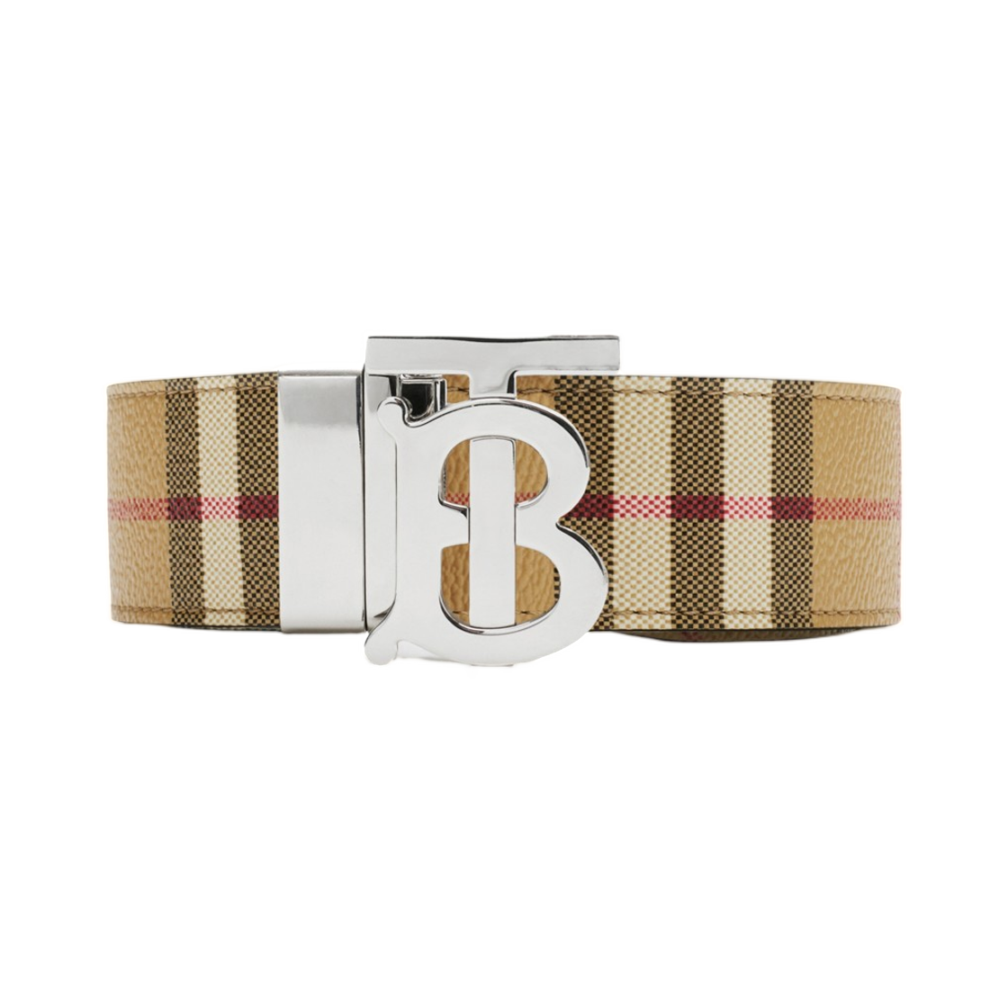 8122297 Burberry Reversible Check TB Belt Archive Beige Silver
