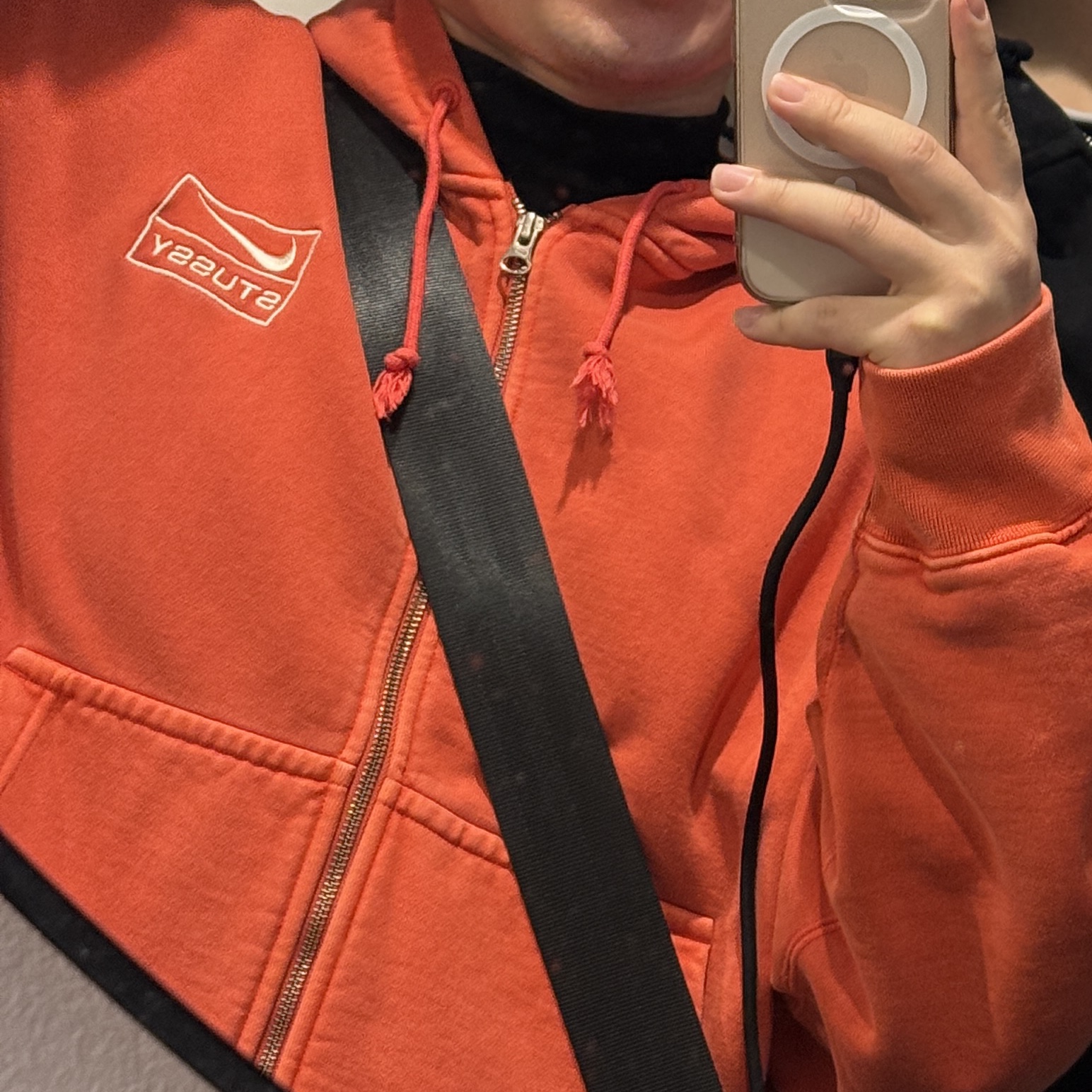 Nike x Stussy Full Zip Pigment Dyed Fleece Hoodie Habanero Red (FJ9161-642) 착용 스타일