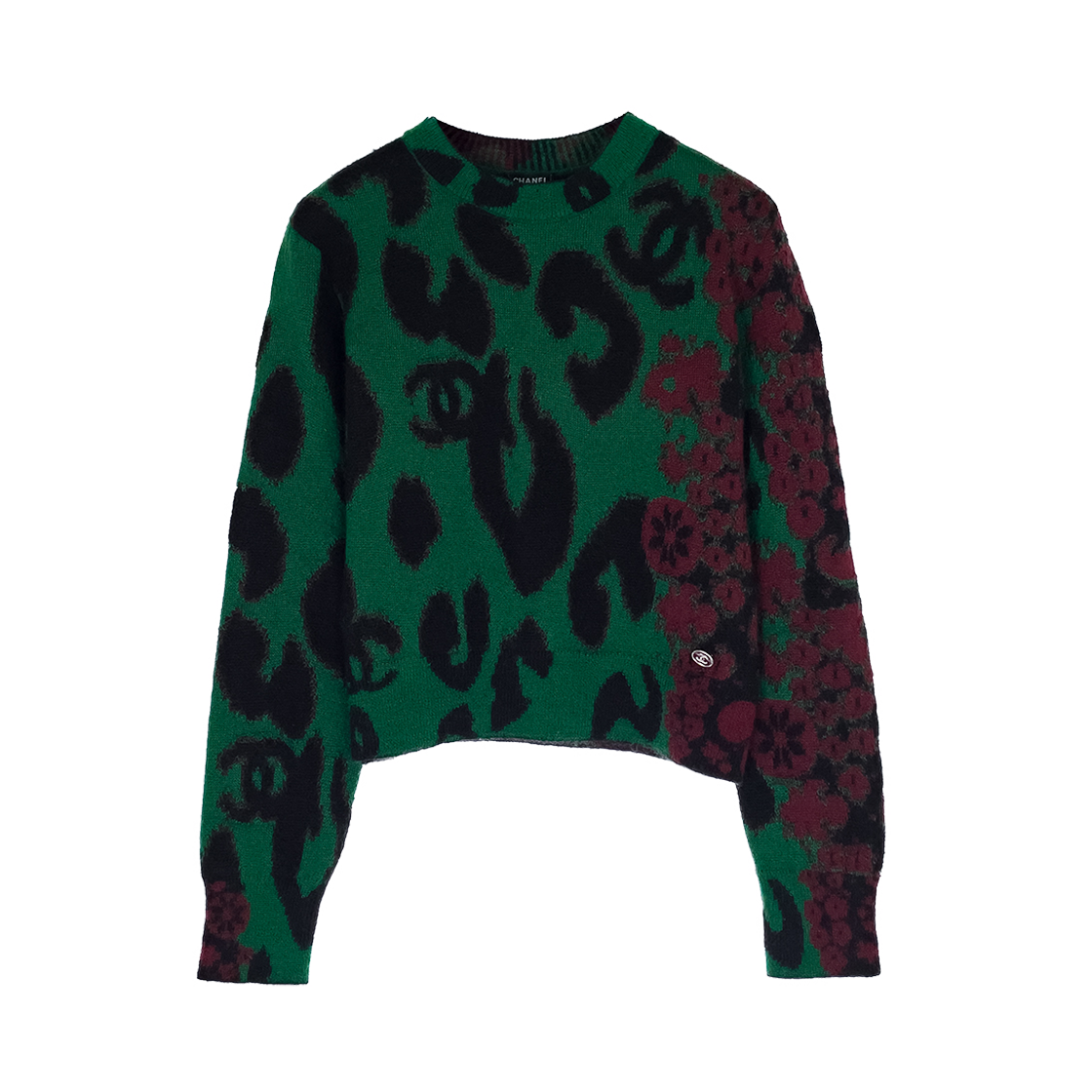 ITKEIO5C8RFN Chanel 23A CC Logo Leopard Pullover 36 Green/Black/Burgundy