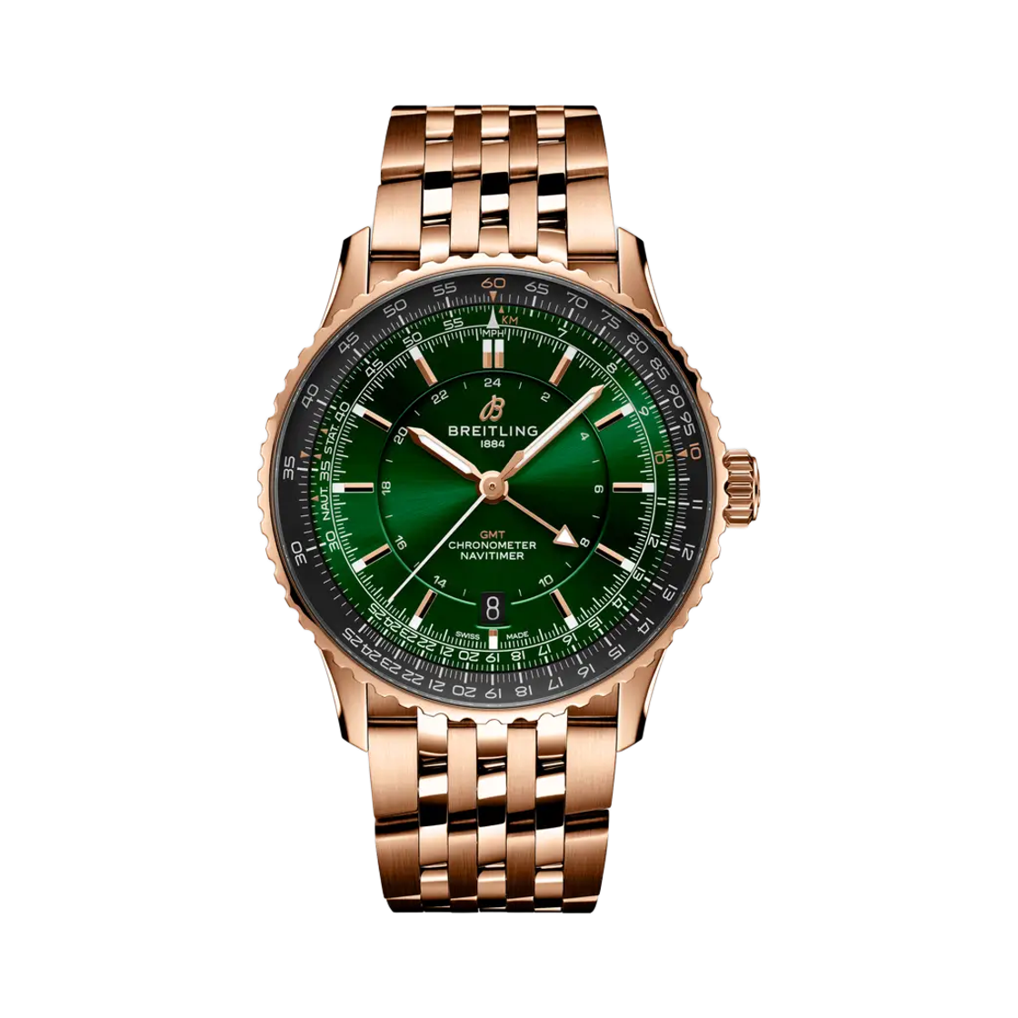 브라이틀링 내비타이머 오토매틱 GMT 41mm 18K 레드 골드 메탈 그린(Breitling Navitimer Automatic GMT 41mm 18K Red Gold Metal Green)