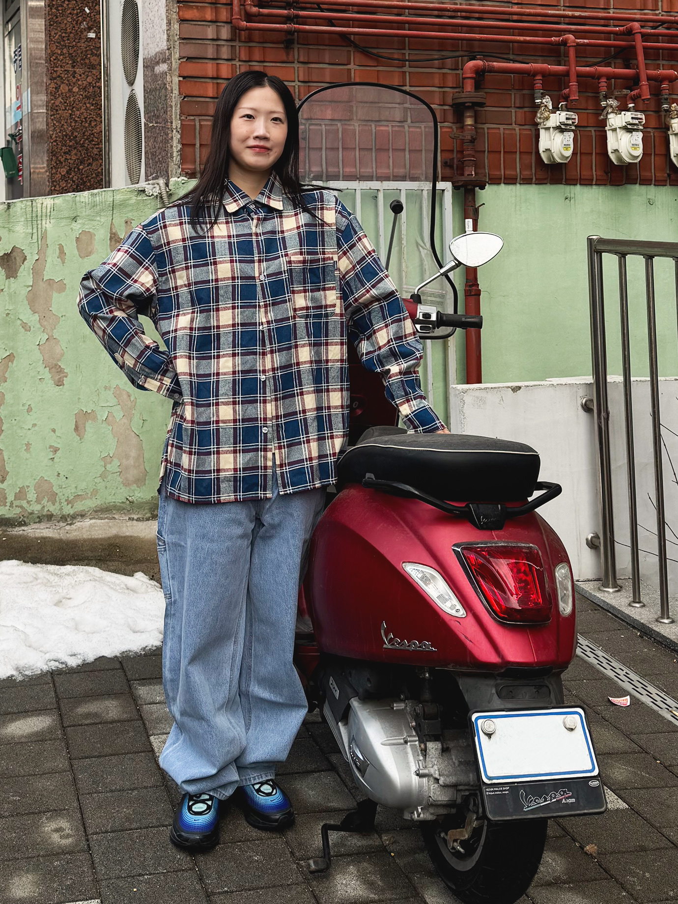 QT8 GARMENTS Rustic Core Flannel Check Shirt Blue, QT8 Garments TL Denim Carpenter Pant Blue 착용 스타일 - 4