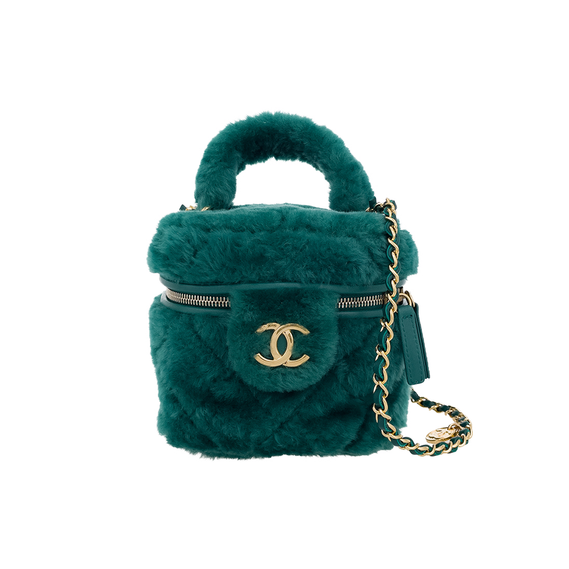 IT382A3P8BRH Chanel Shearling Cosmetic Bag in Green Champagne Gold