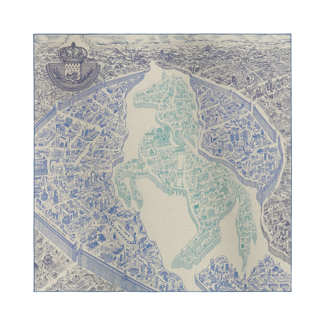 H244273S16 (W) Hermes La Nouvelle Cite Cavaliere Shawl 140 Cashmere Silk & Naturel Bleu Royal Petrole