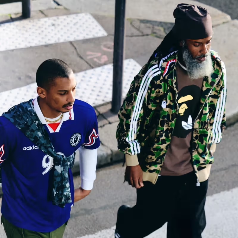 Adidas x BAPE Shark Track Hoodie Jacket Crew Green - KR Sizing, Adidas x BAPE Short Sleeve T-Shirt Earth Strata - KR Sizing 착용 스타일