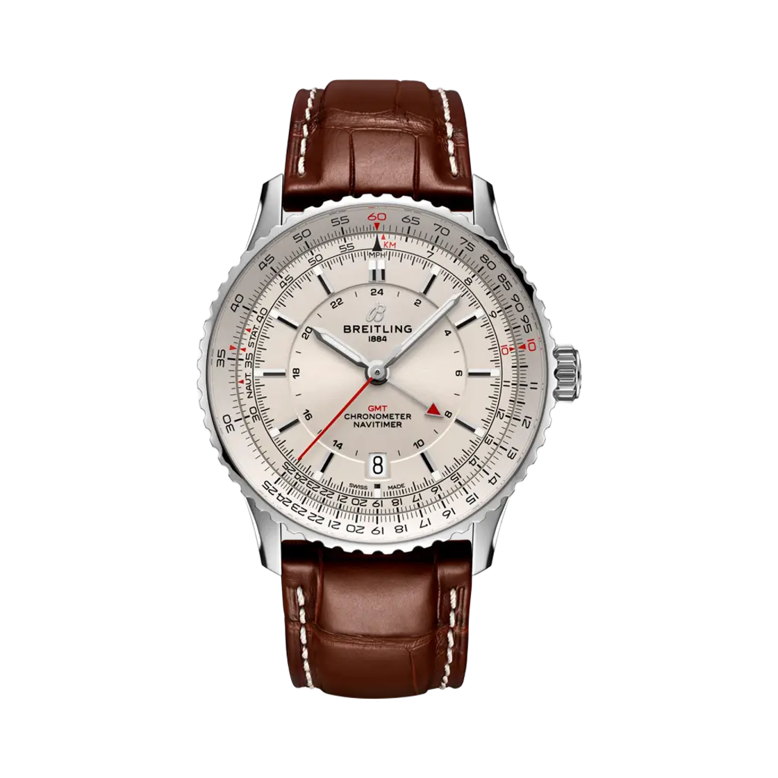 브라이틀링 내비타이머 오토매틱 GMT 41mm 브라운 크로커다일 레더 실버(Breitling Navitimer Automatic GMT 41mm Brown Crocodile Leather Silver)