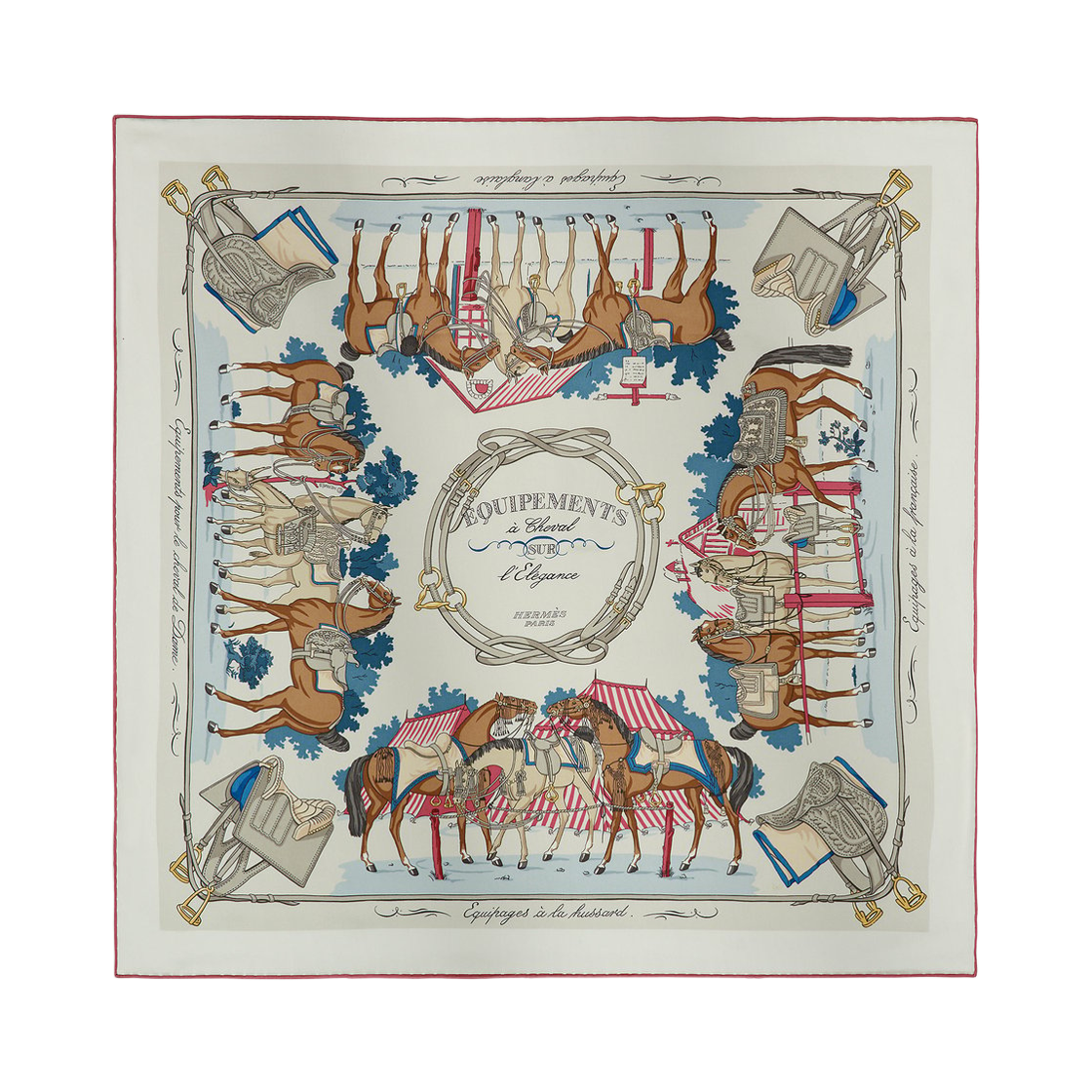 H984349S03 (W) Hermes Equipements A Cheval Sur l'Elegance Scarf 70 Silk & Gris Perle Bois De Rose Ardoise