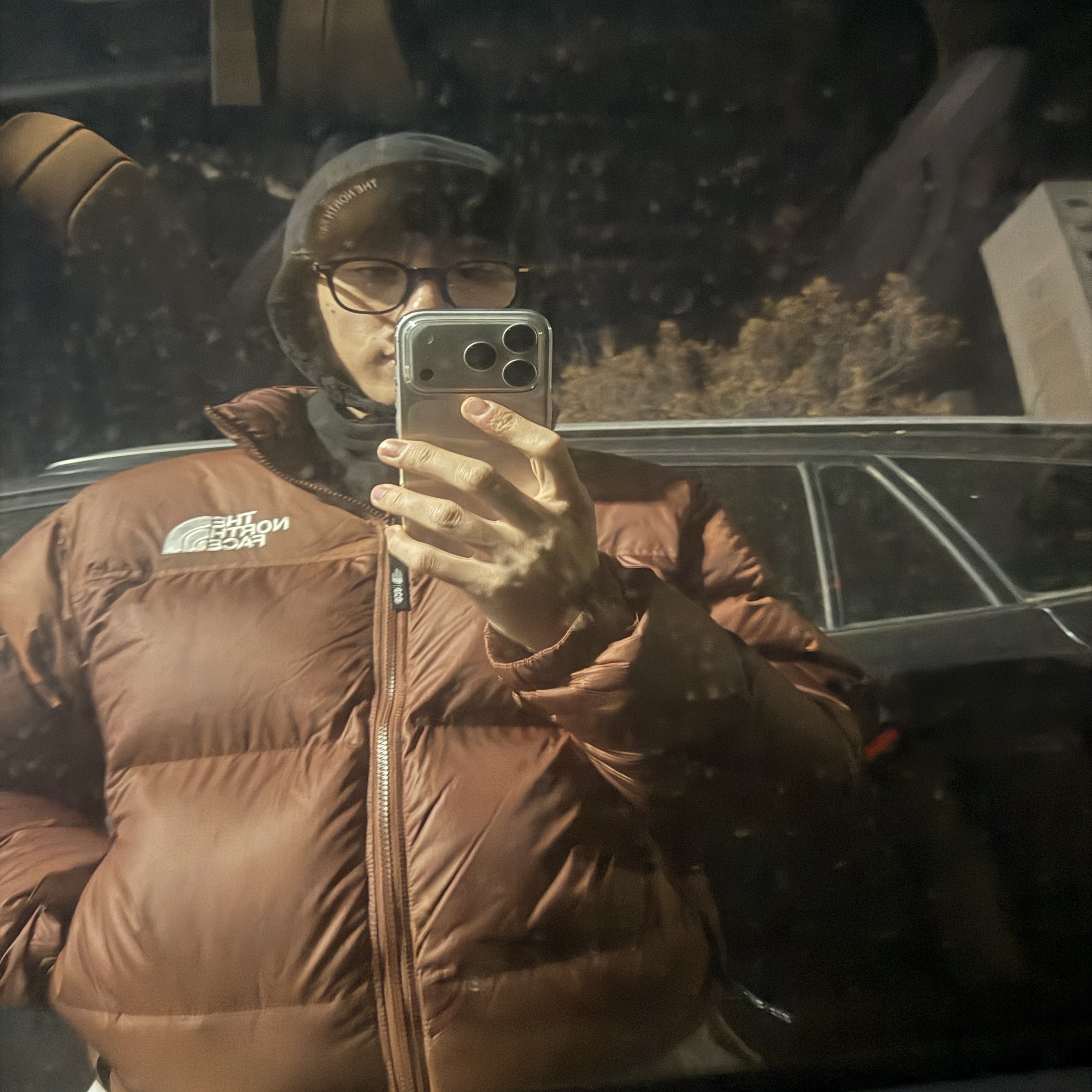 The North Face 1996 Eco Nuptse Jacket Brown, The North Face Waxed Cotton Earmuff Cap Black - 25FW 착용 스타일 - 2