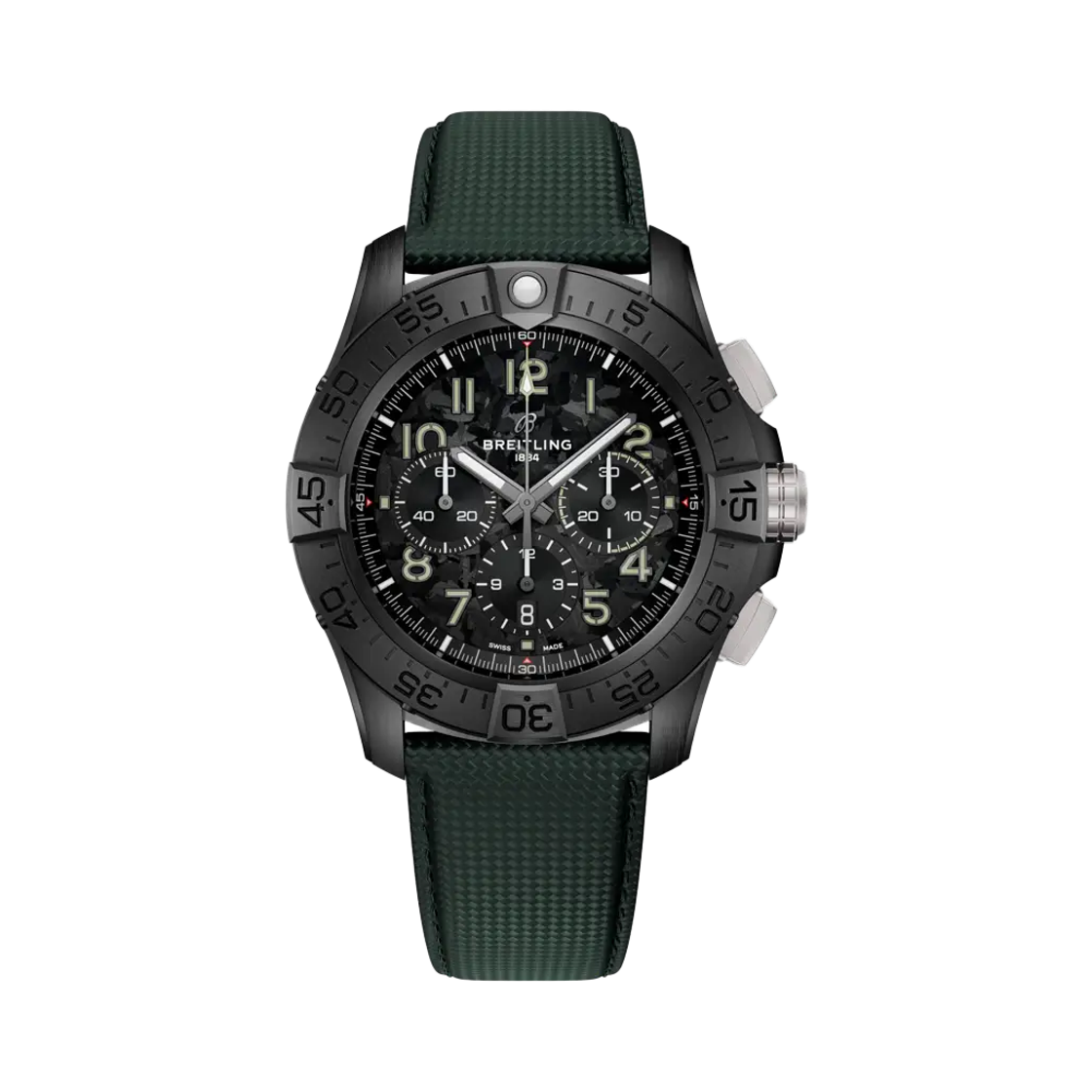 브라이틀링 슈퍼 어벤저 B01 크로노그래프 나이트 미션 메카니컬 46mm 카키 그린 카프스킨 레더 블랙(Breitling Super Avenger B01 Chronograph Night Mission Mechanical 46mm Khaki Green Calfskin Leather Black) - 1