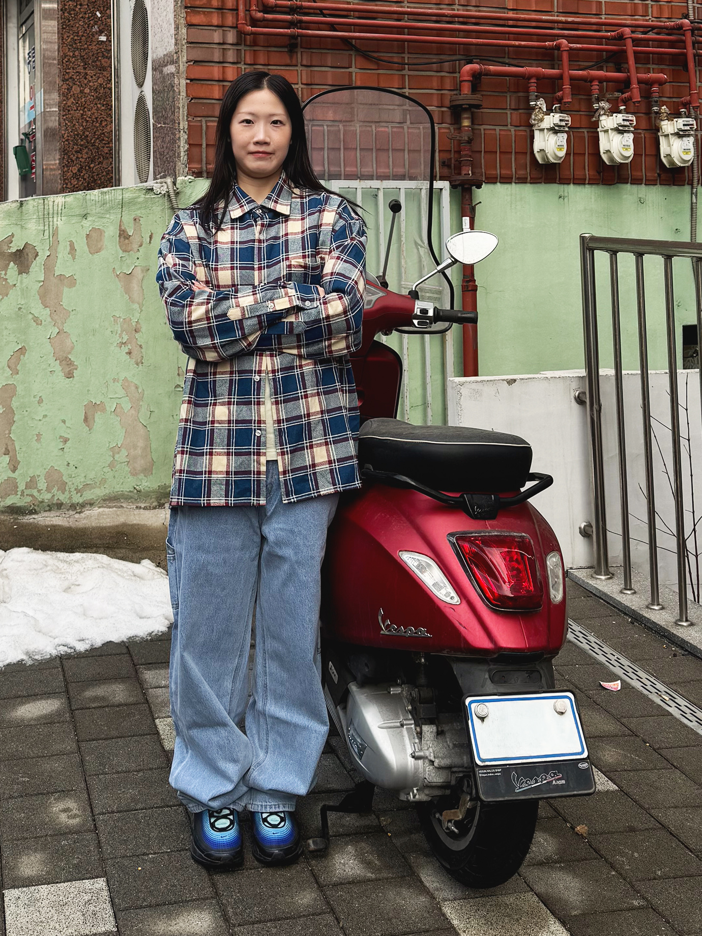 QT8 GARMENTS Rustic Core Flannel Check Shirt Blue, QT8 Garments TL Denim Carpenter Pant Blue 착용 스타일 - 2