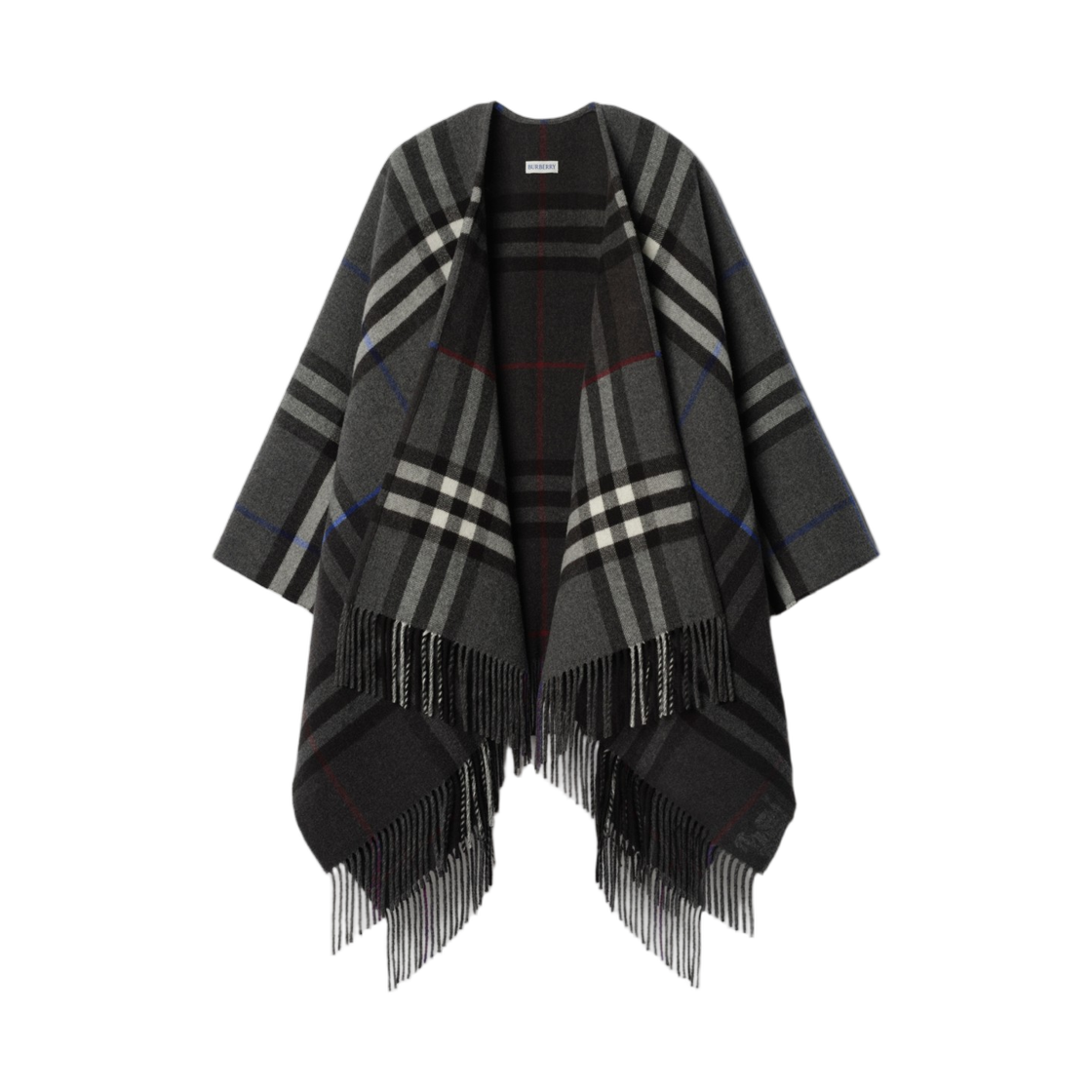 8117679 (W) Burberry Contrast Check Cashmere Wool Cape Marlborough Grey Charcoal Grey