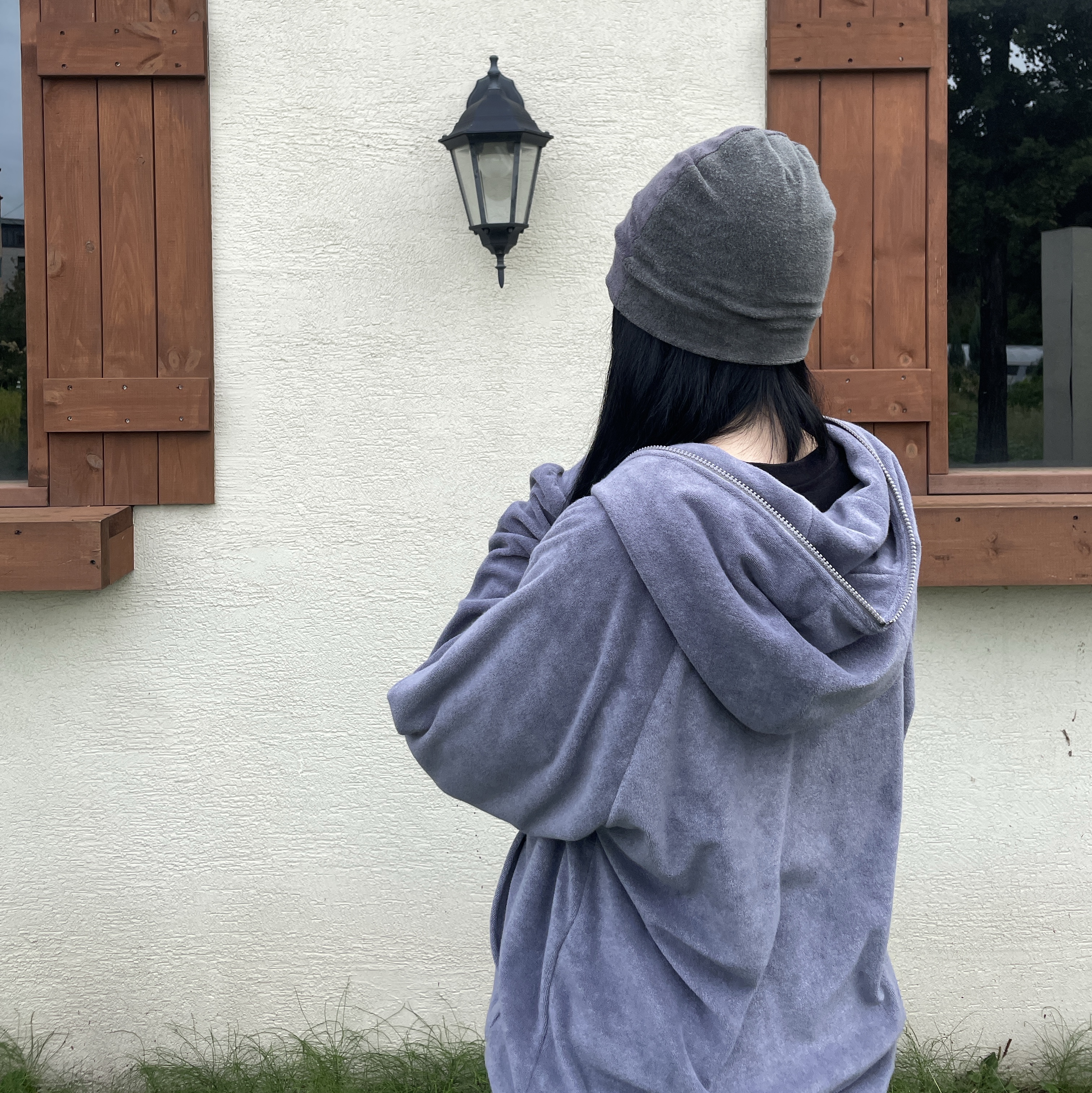 Kiiace Towel Full-zip Hoodie Dust Blue 착용 스타일 - 1